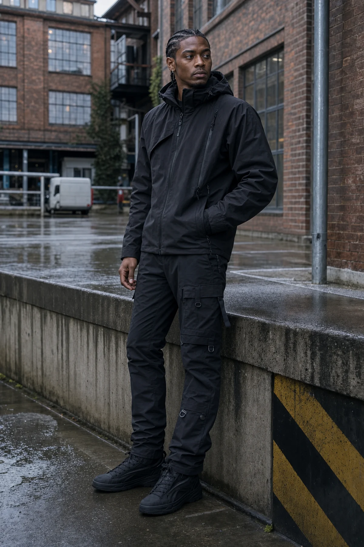 Editorial gallery warehouse styling image showing a model wearing the Clothixpack CXP-P104 Trace Cargo Pant.
