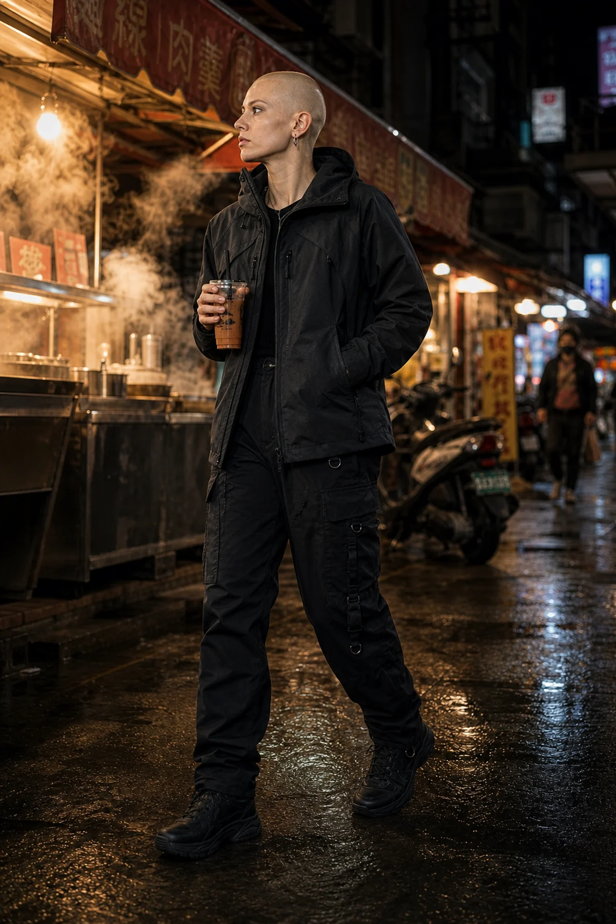 Editorial Taipei night market styling image showing a model wearing the Clothixpack CXP-P104 Trace Cargo Pant.