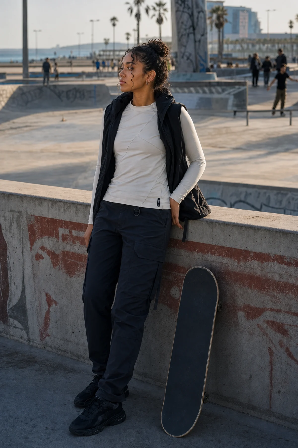 Editorial Barcelona skate styling image showing a model wearing the Clothixpack CXP-S101 Node Technical Tee.