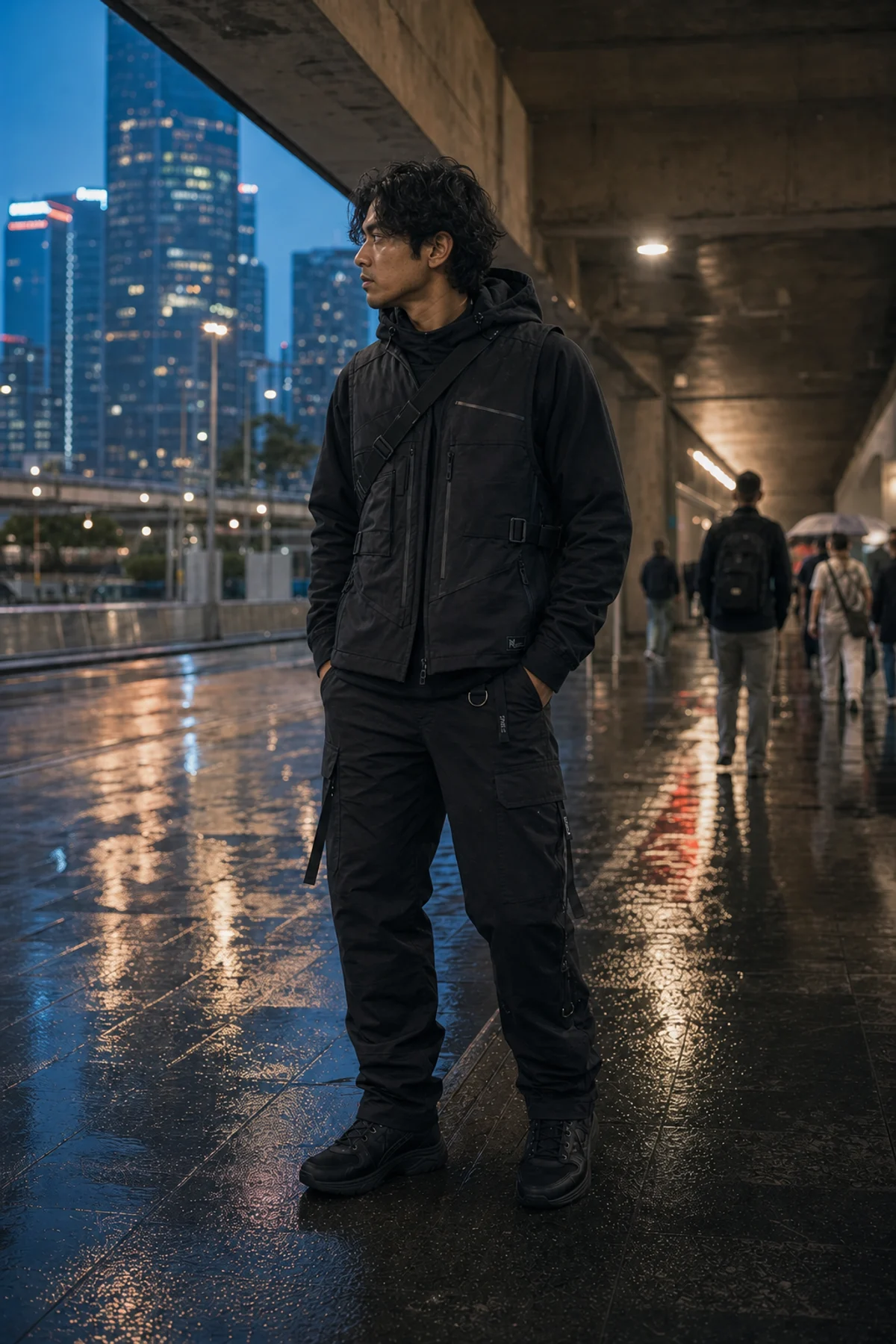 Editorial Singapore underpass styling image showing a model wearing the Clothixpack CXP-V101 Rift Waterproof Vest.