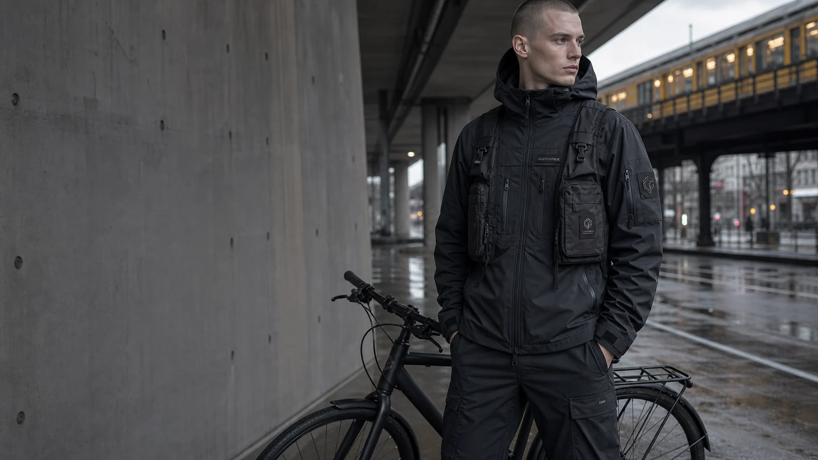 Clothixpack Germany technical citywear storefront editorial with naturally integrated garment branding