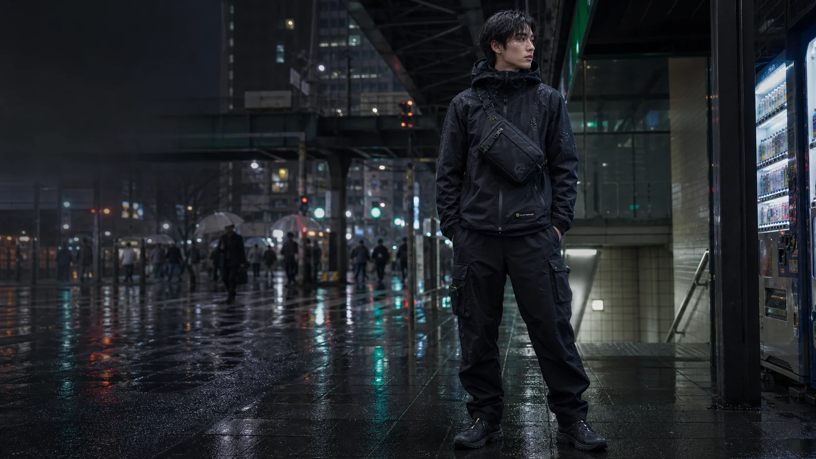 Clothixpack Japan technical citywear storefront editorial with naturally integrated garment branding