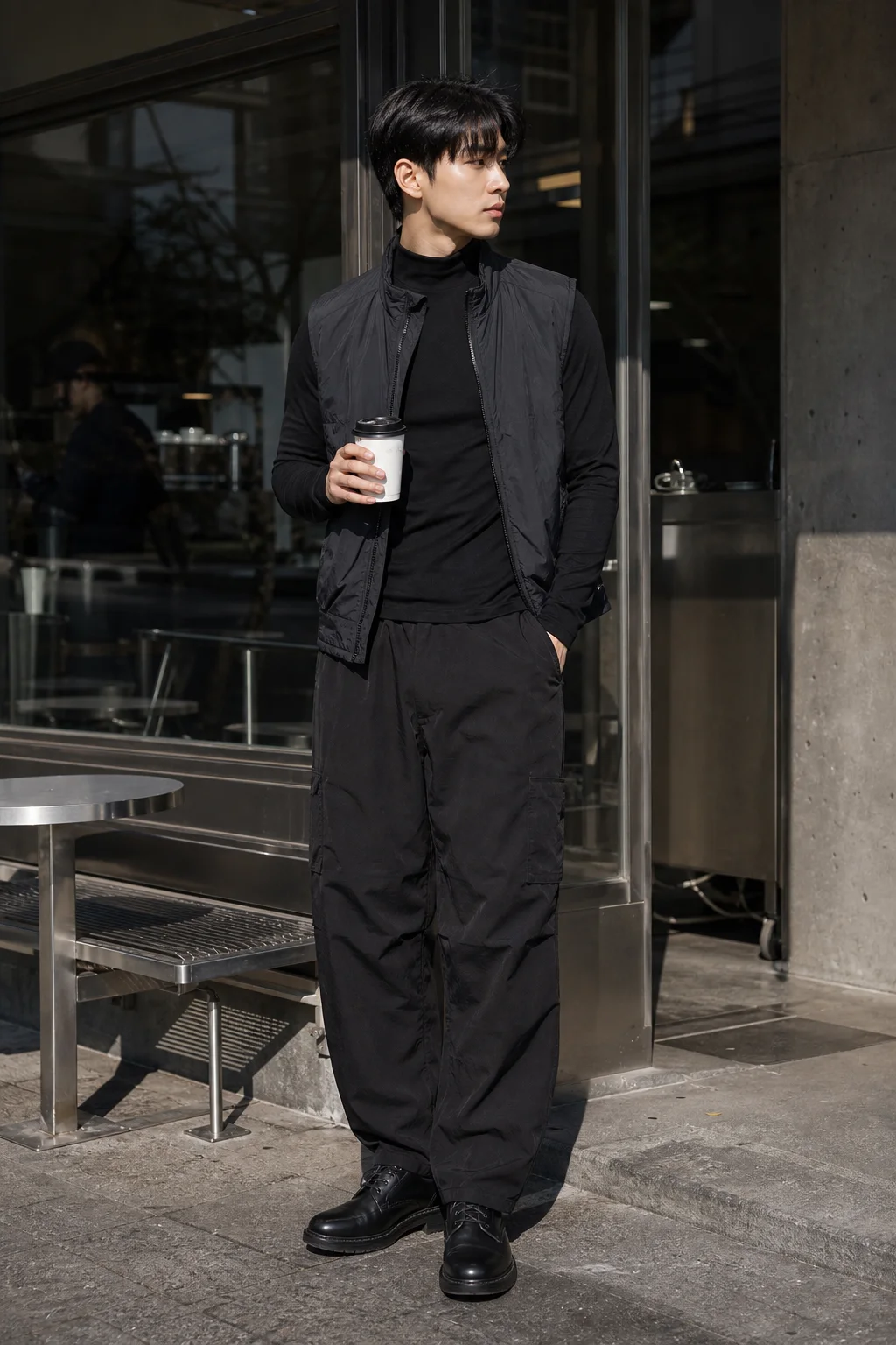 Seoul cafe styling image showing the Clothixpack CXP-H101 Pivot Mock Neck Shirt under an open charcoal vest with black cargo pants.