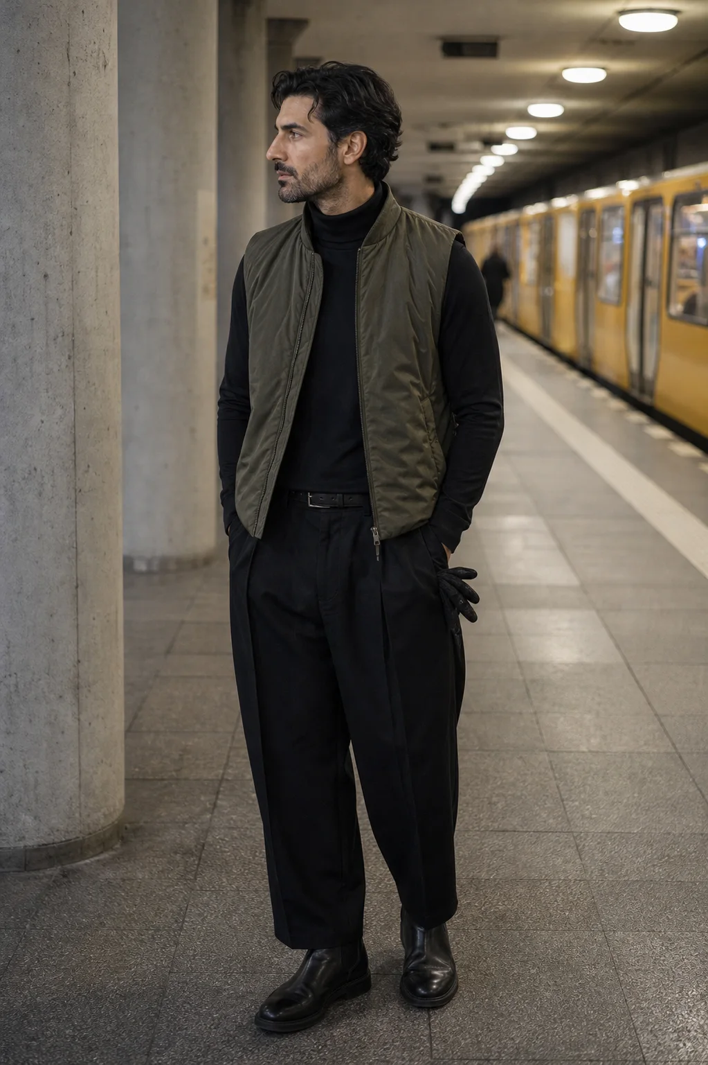 Berlin U-Bahn styling image showing the Clothixpack CXP-H101 Pivot Mock Neck Shirt under an olive sleeveless liner jacket with black pleated trousers.