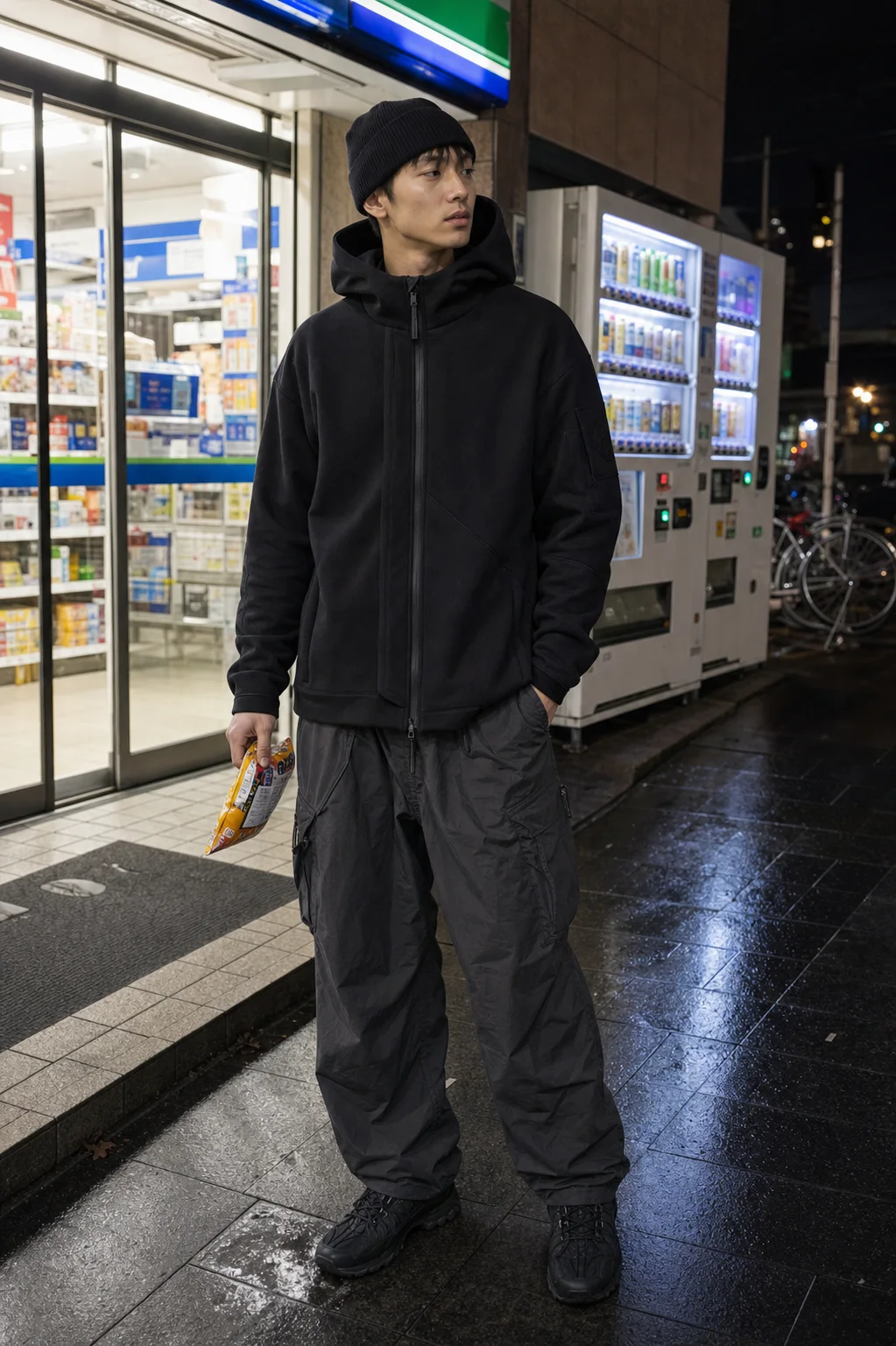 Tokyo convenience store styling image showing the Clothixpack CXP-H102 Signal Technical Hoodie with grey nylon cargo pants.