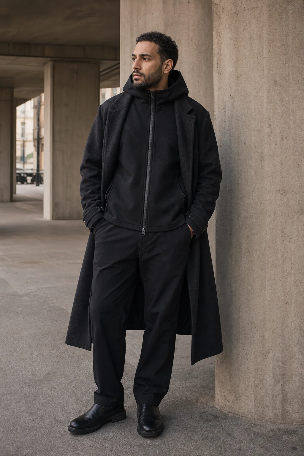Paris underpass styling image showing the Clothixpack CXP-H102 Signal Technical Hoodie under a long charcoal coat with black trousers.