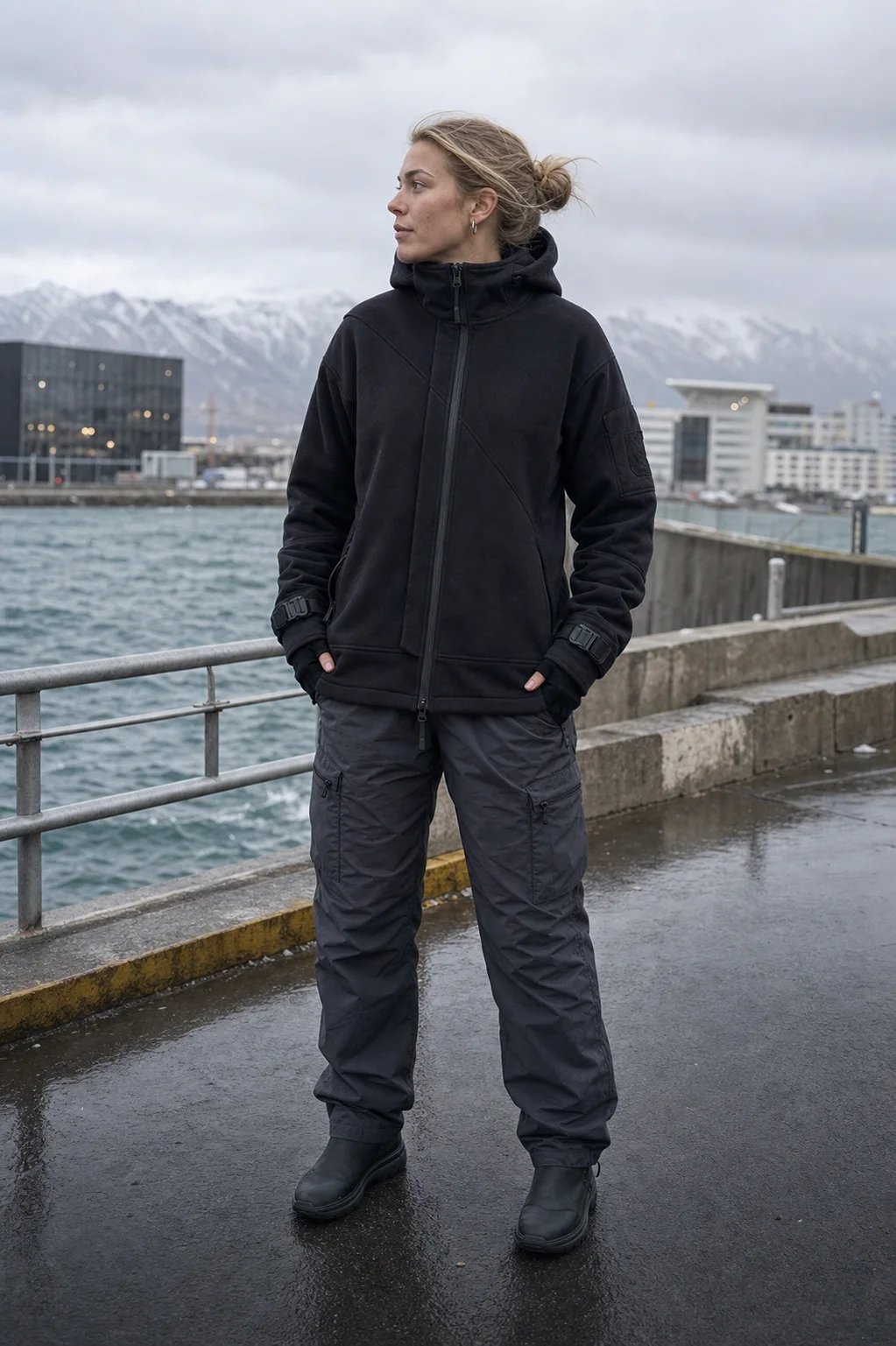 Reykjavik harbor styling image showing the Clothixpack CXP-H103 Ridge Technical Hoodie with slate cargo pants and black waterproof boots.