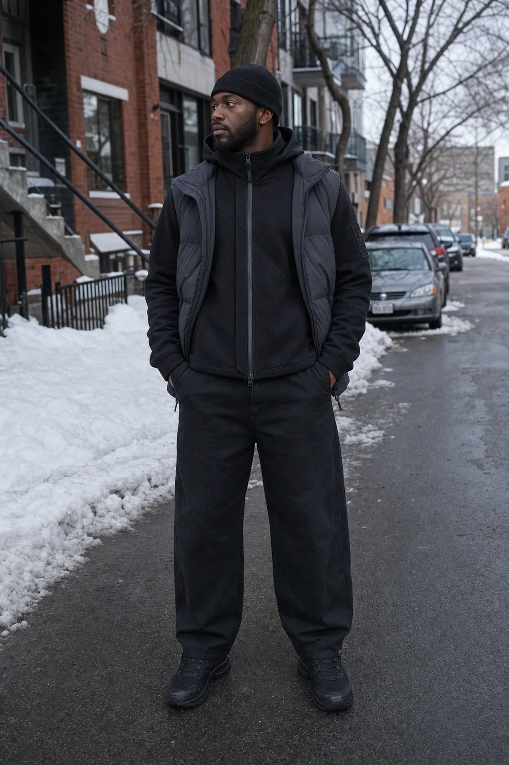 Montreal snowy street styling image showing the Clothixpack CXP-H103 Ridge Technical Hoodie under an open charcoal puffer vest.