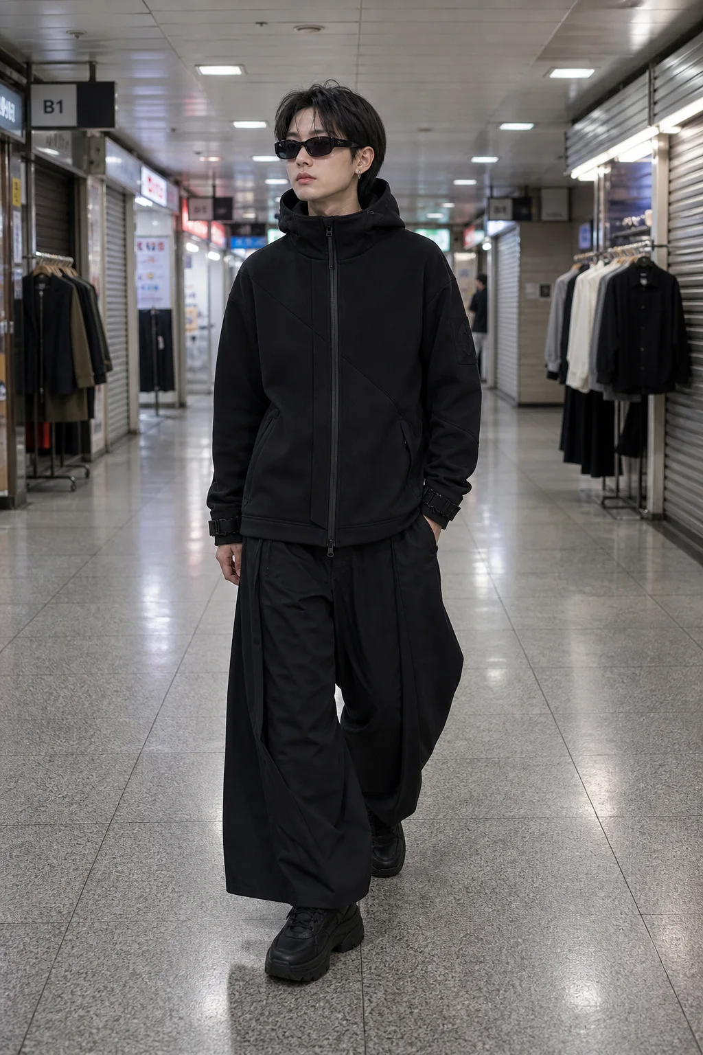 Seoul underground arcade styling image showing the Clothixpack CXP-H103 Ridge Technical Hoodie with black hakama-style trousers.