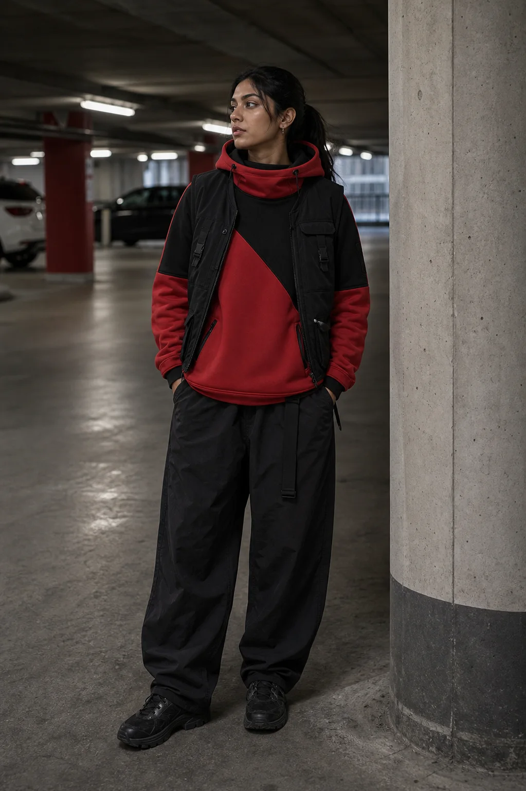 Toronto parking garage styling image showing the Clothixpack CXP-H104 Cowl Technical Hoodie under an open black tactical vest.