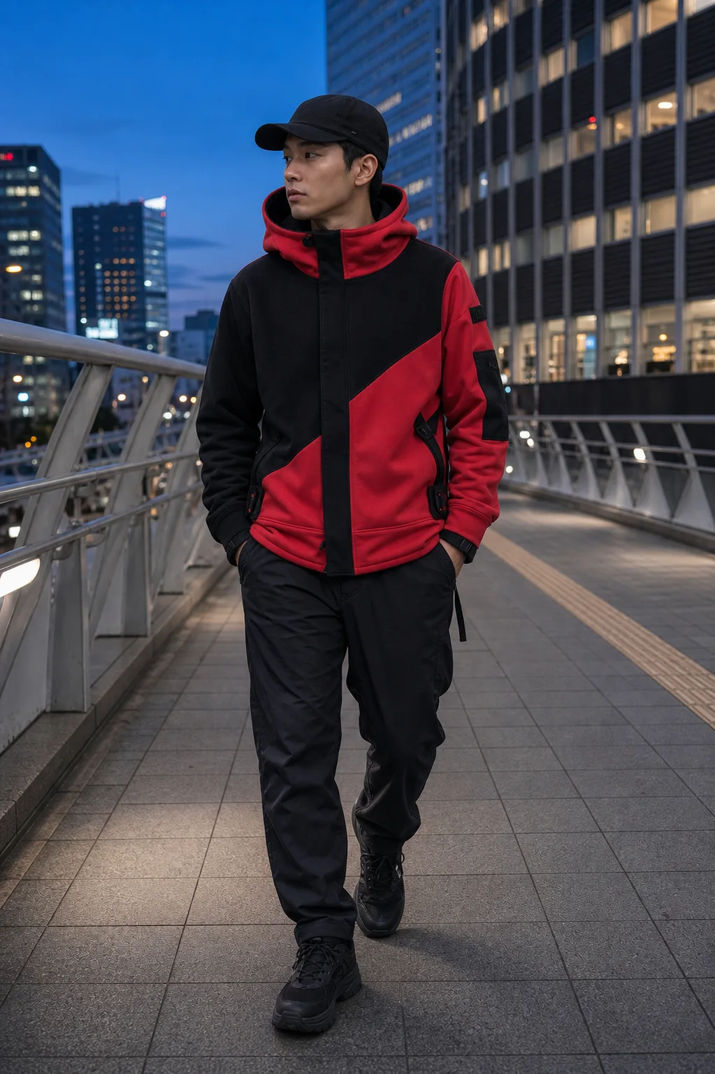 Tokyo elevated walkway styling image showing the Clothixpack CXP-H105 Apex Technical Hoodie with black shell trousers and technical sneakers.