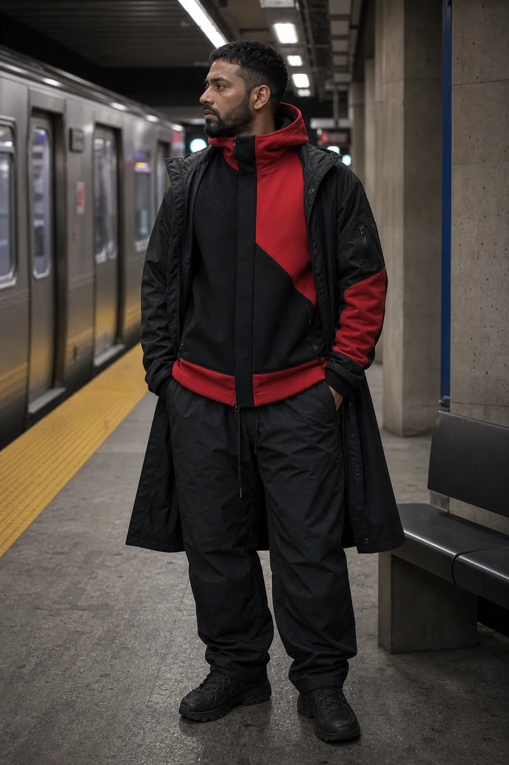 Toronto subway platform styling image showing the Clothixpack CXP-H105 Apex Technical Hoodie under an open black raincoat.