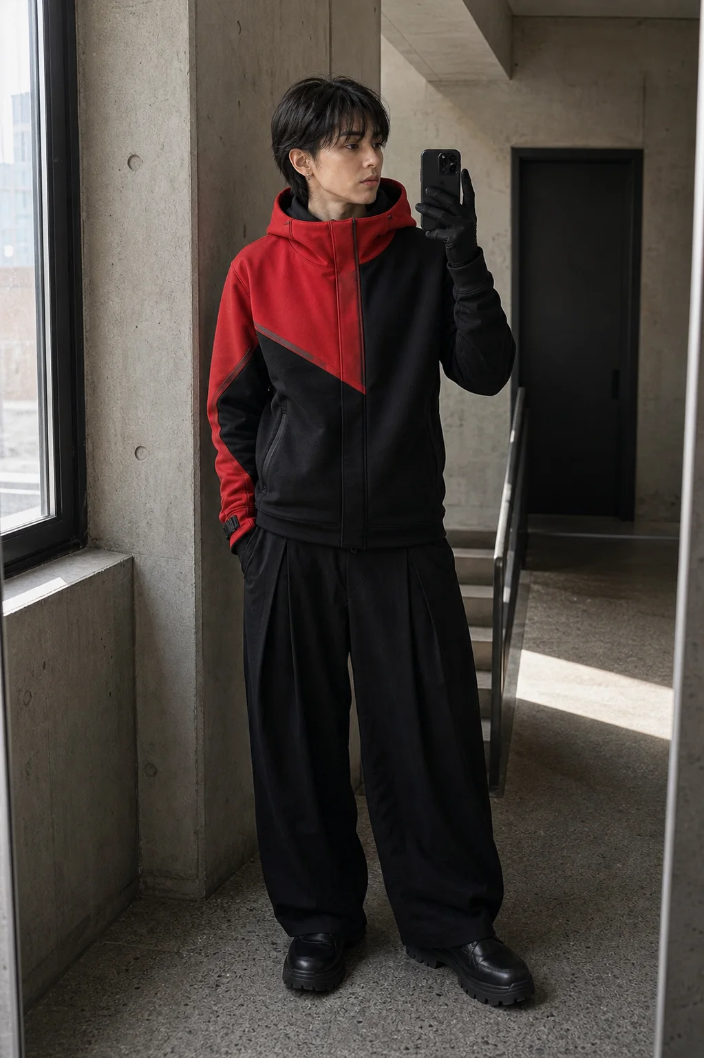 Berlin stairwell mirror styling image showing the Clothixpack CXP-H105 Apex Technical Hoodie with wide black pleated trousers.