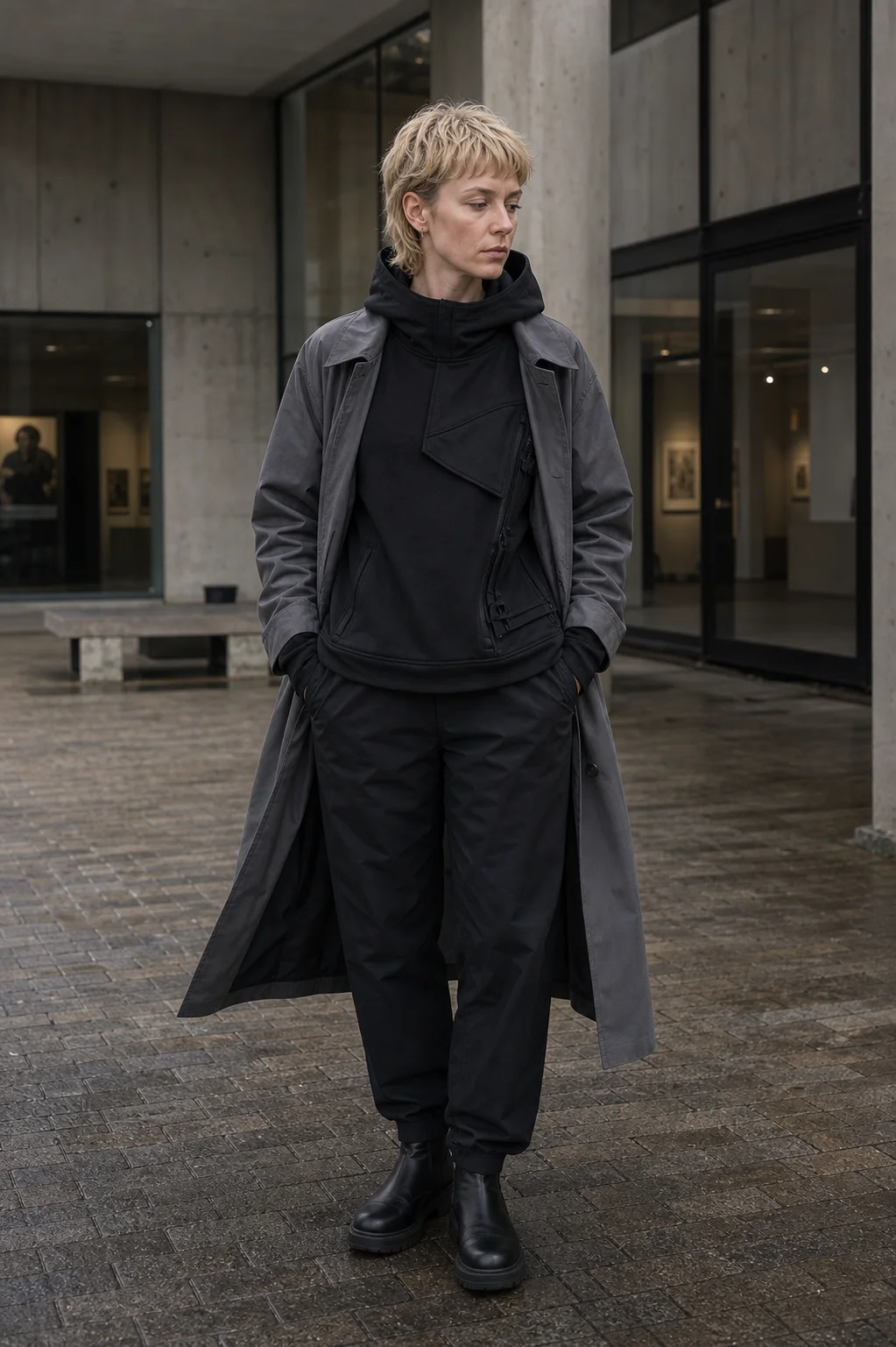Copenhagen gallery courtyard styling image showing the Clothixpack CXP-H106 Veer Technical Hoodie under an open stone grey mac coat.