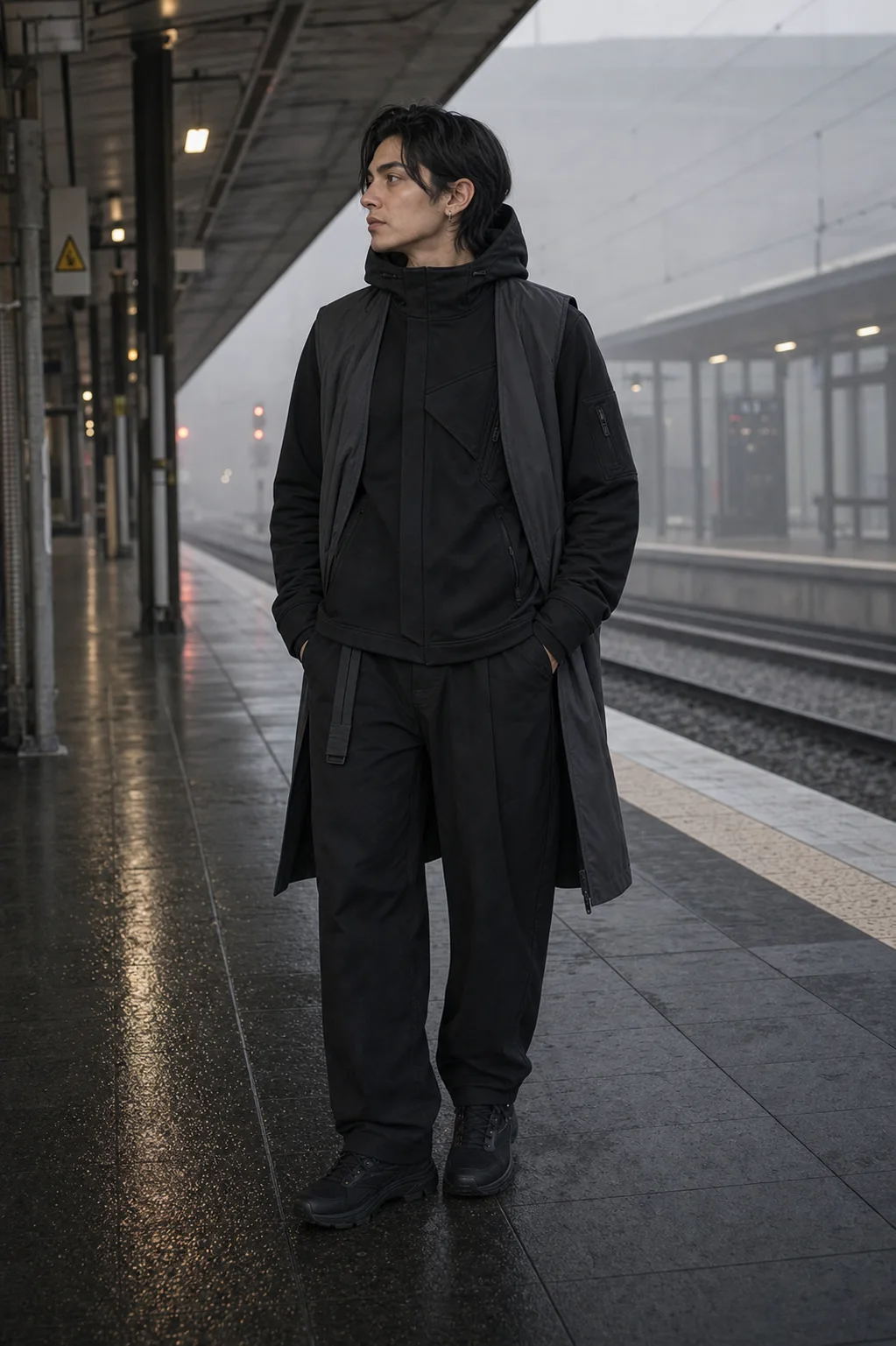 Berlin train platform styling image showing the Clothixpack CXP-H106 Veer Technical Hoodie under an open charcoal liner vest.