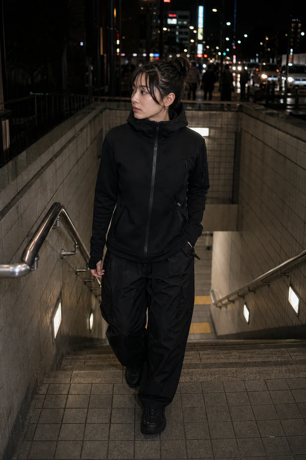 Tokyo subway entrance styling image showing the Clothixpack CXP-H107 Arc Zip Hoodie with black balloon pants and trail sneakers.
