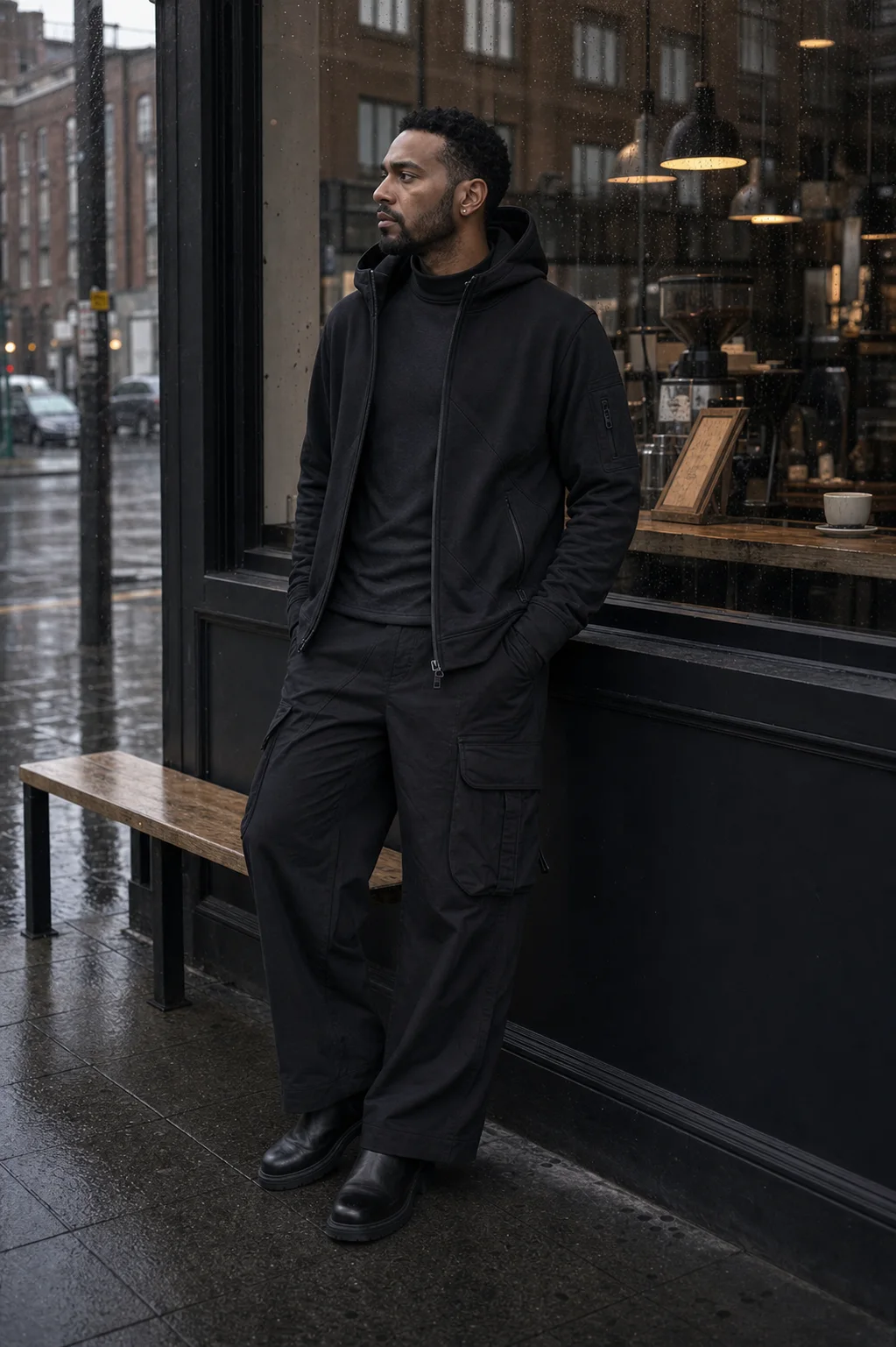London cafe styling image showing the Clothixpack CXP-H107 Arc Zip Hoodie half open over a charcoal mock neck with black cargo trousers.