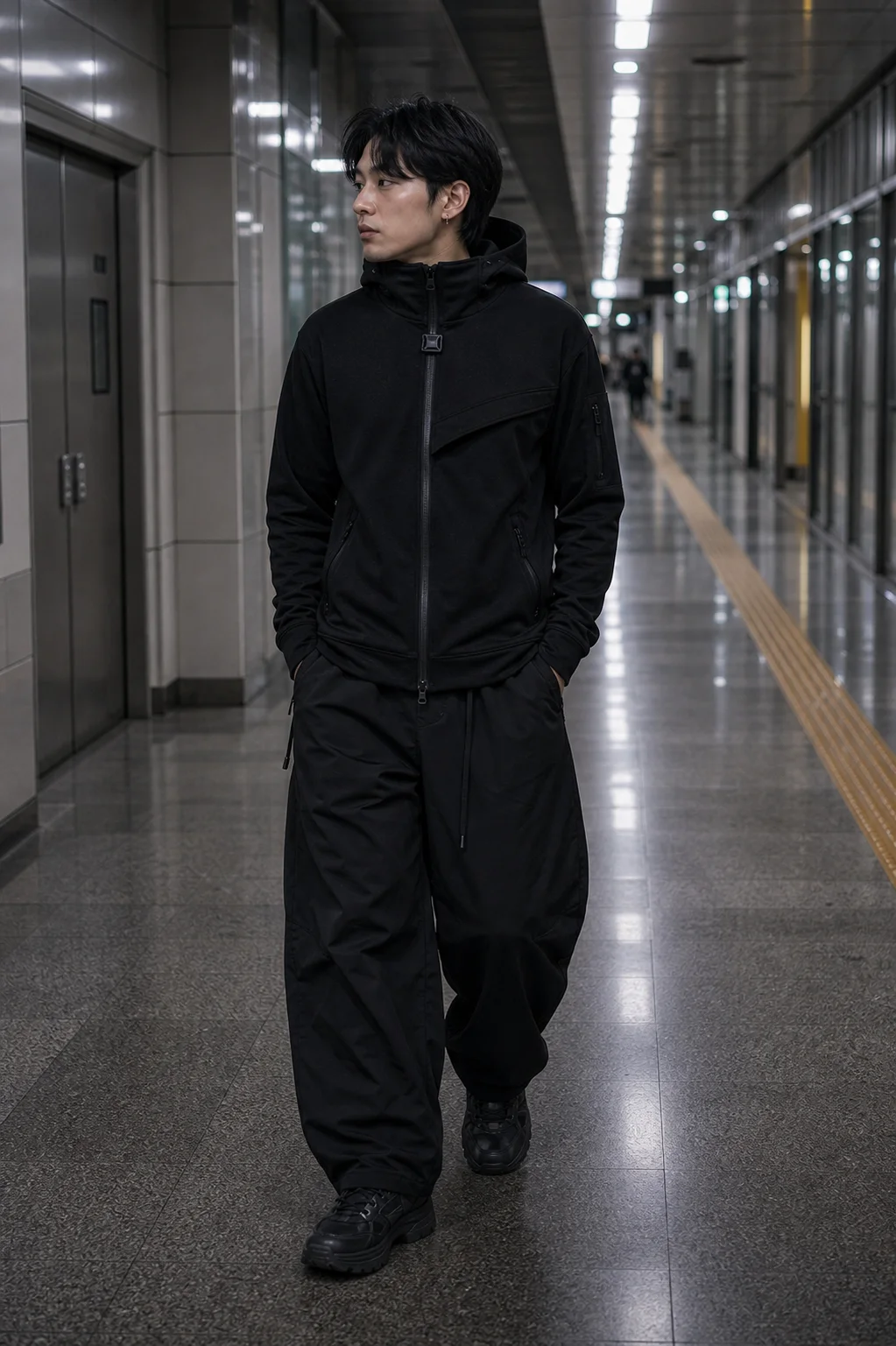 Seoul subway corridor styling image showing the Clothixpack CXP-H108 Fold Zip Hoodie with wide black nylon trousers and trail sneakers.