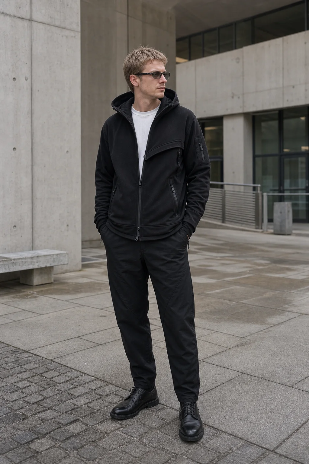 Copenhagen concrete courtyard styling image showing the Clothixpack CXP-H108 Fold Zip Hoodie half open over a white thermal tee.