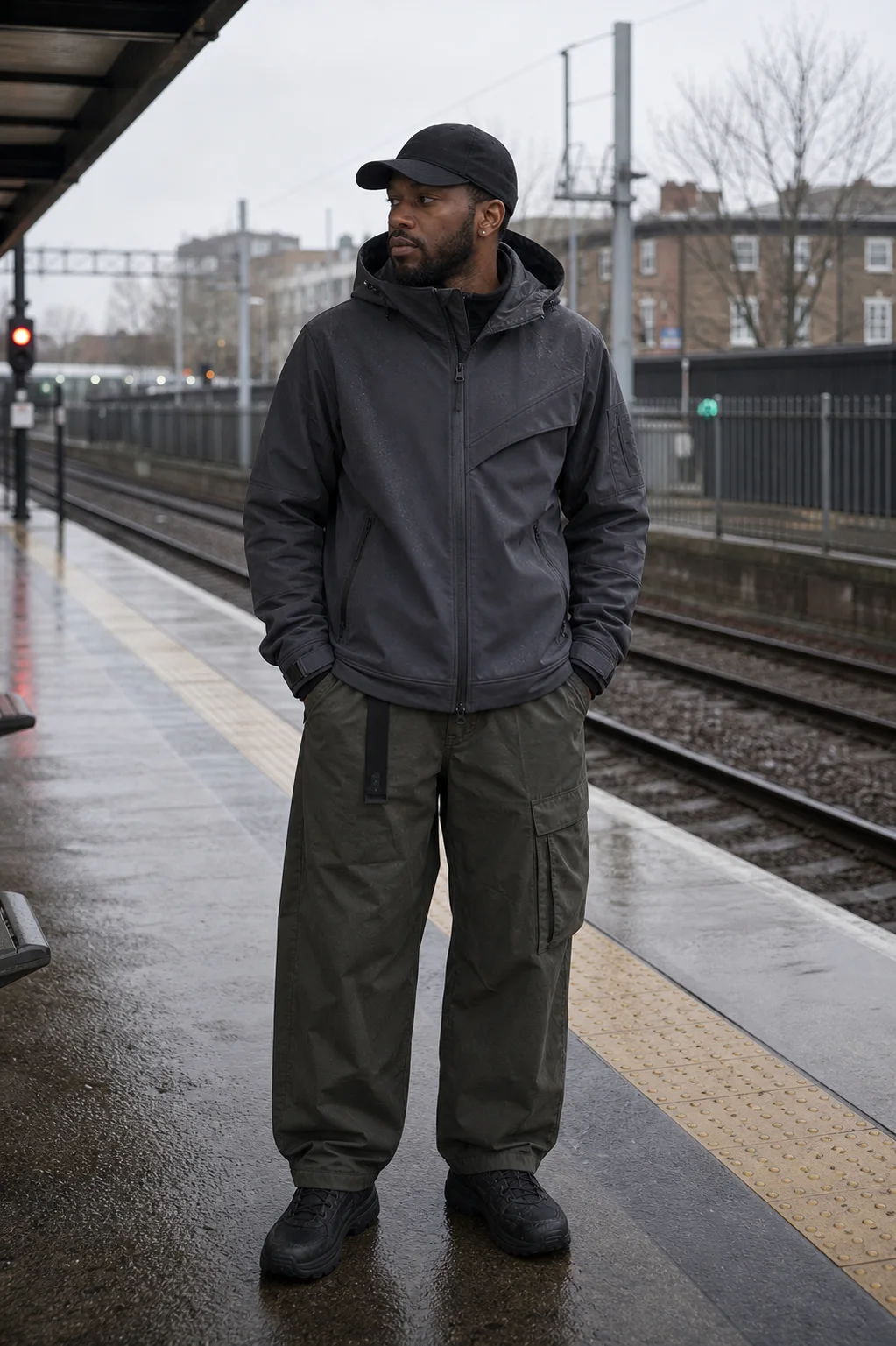 London overground platform styling image showing the Clothixpack CXP-J101 Strata Hardshell Jacket with olive cargo trousers.