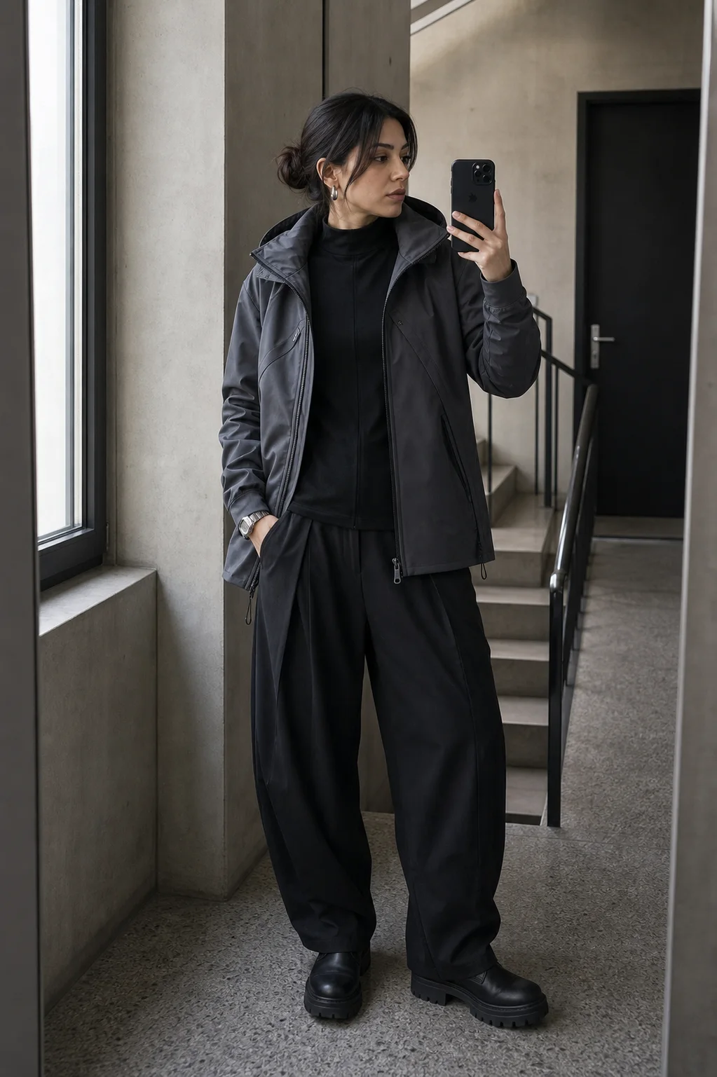 Berlin stairwell mirror styling image showing the Clothixpack CXP-J101 Strata Hardshell Jacket over a black merino mock neck and wide pleated trousers.