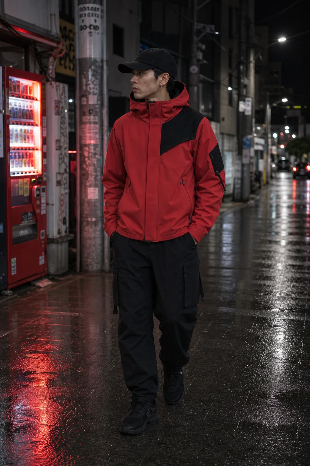 Tokyo rainy alley styling image showing the Clothixpack CXP-J102 Axis Hardshell Jacket with black cargo pants and waterproof sneakers.