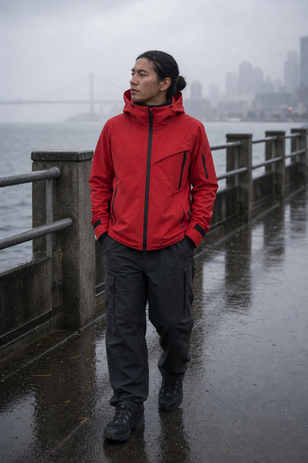Vancouver seawall styling image showing the Clothixpack CXP-J102 Axis Hardshell Jacket over a black mock neck with charcoal shell cargo pants.