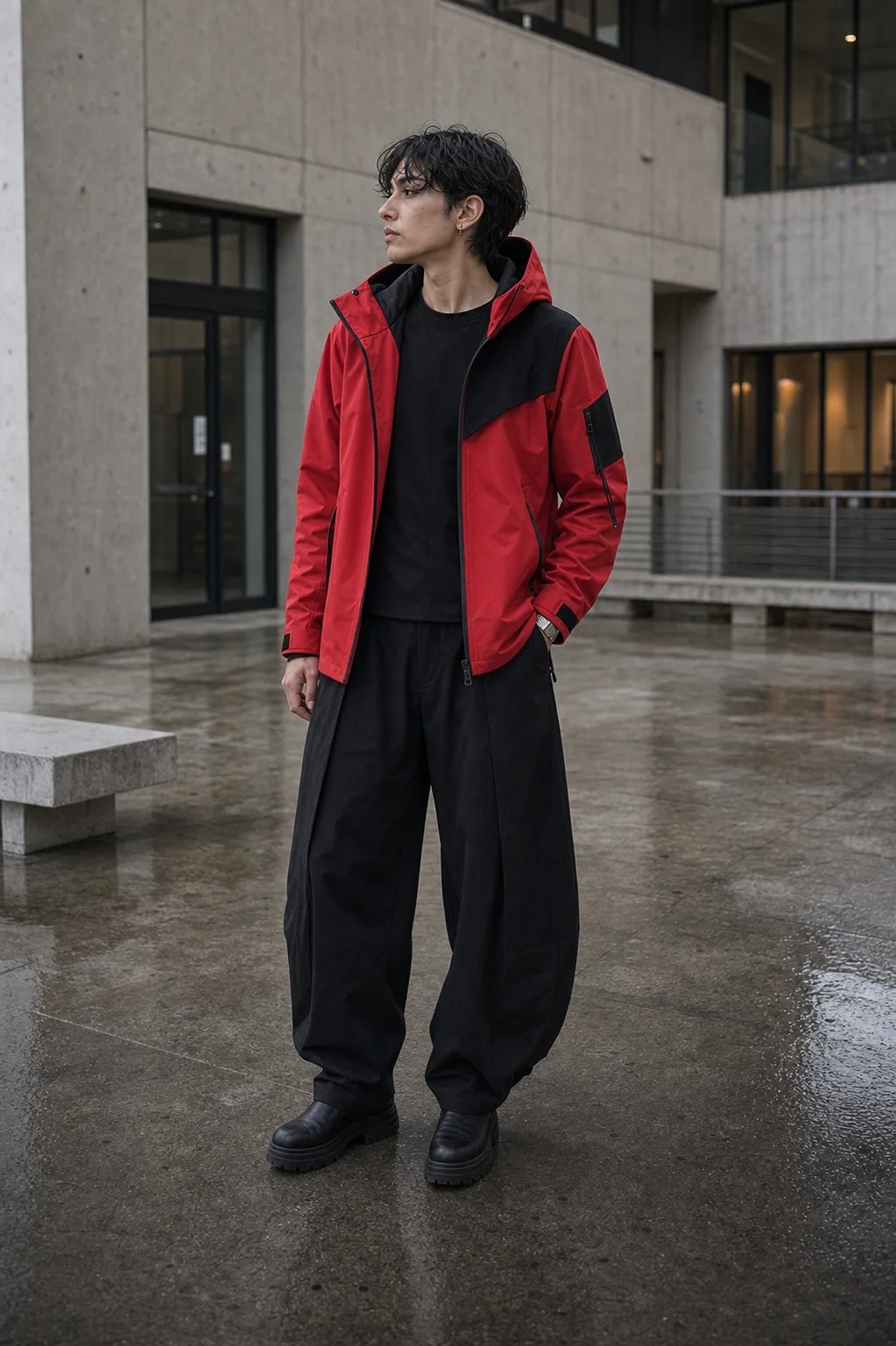 Berlin gallery courtyard styling image showing the Clothixpack CXP-J102 Axis Hardshell Jacket open over black layers and wide pleated trousers.