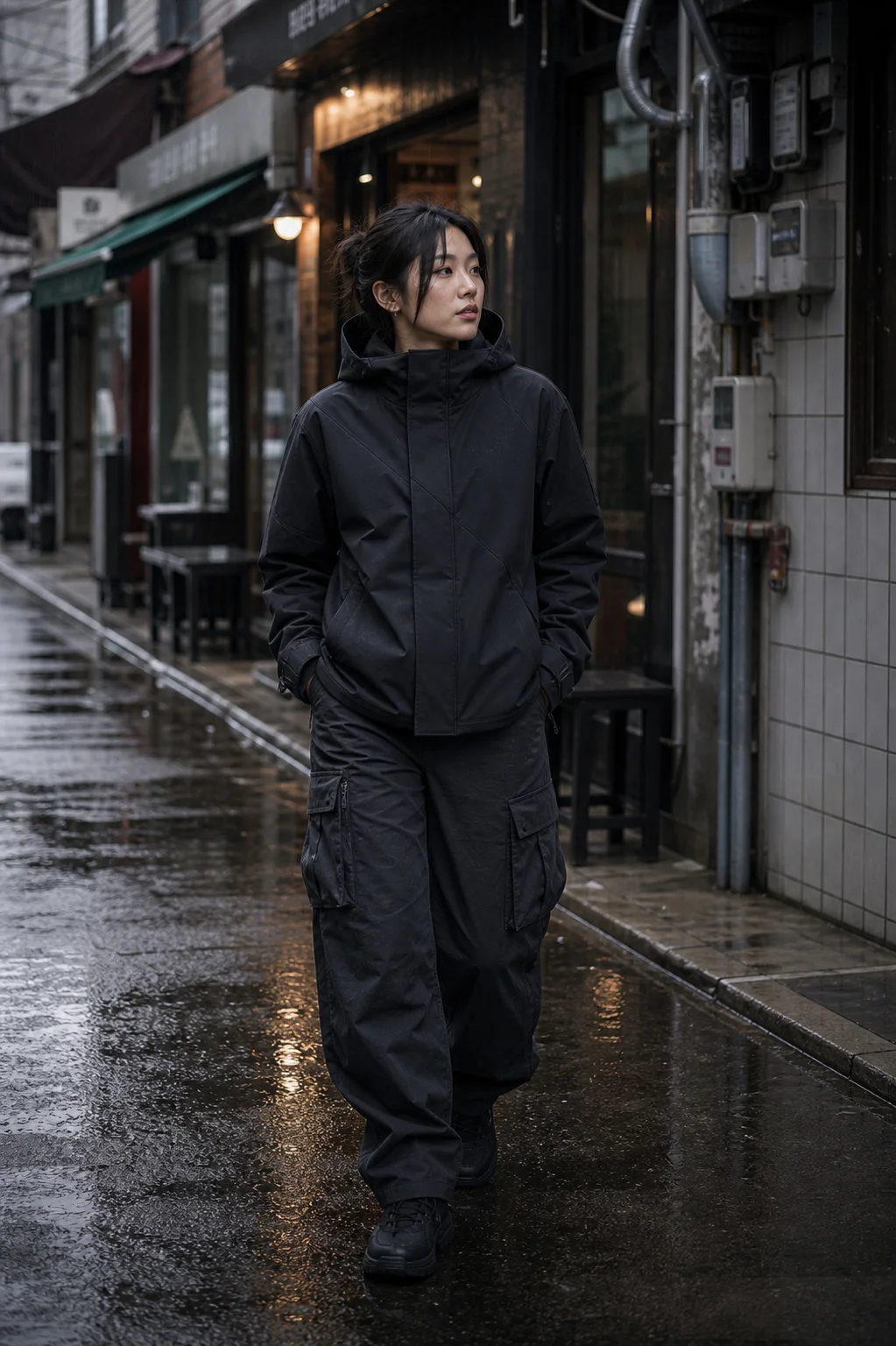Seoul rainy alley styling image showing the Clothixpack CXP-J103 Hush Hardshell Jacket with charcoal cargo pants.