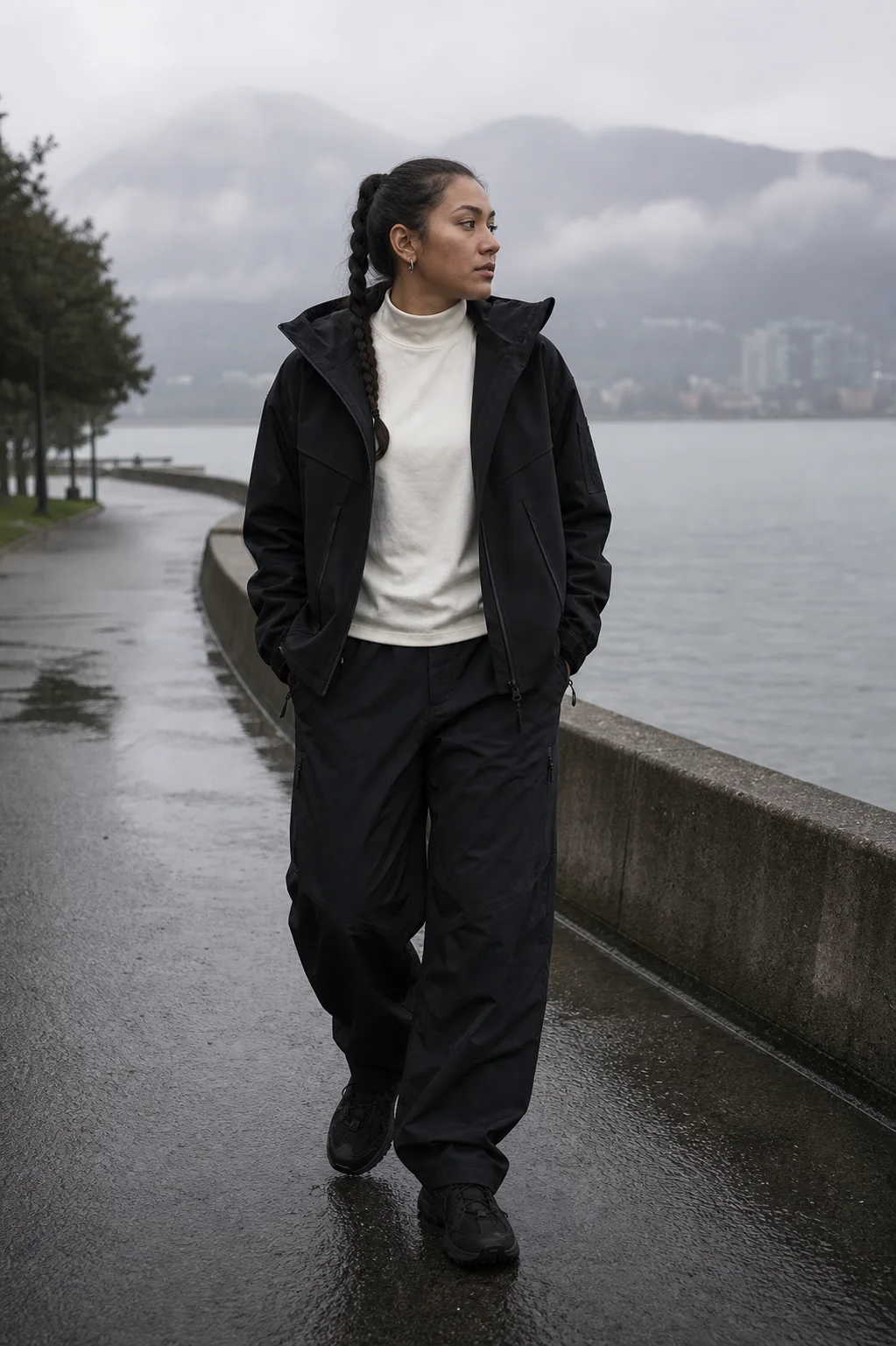Vancouver seawall styling image showing the Clothixpack CXP-J103 Hush Hardshell Jacket over a cream mock neck.