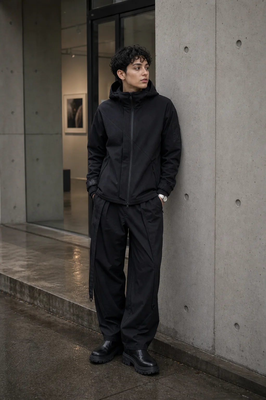 Berlin gallery entrance styling image showing the Clothixpack CXP-J103 Hush Hardshell Jacket with wide black pleated trousers.