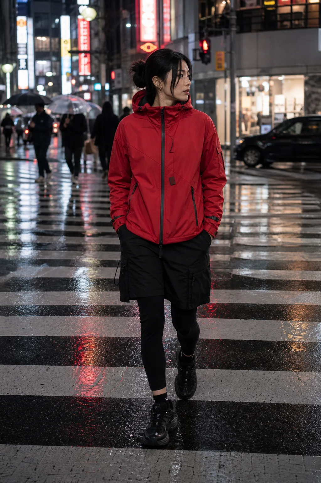 Tokyo rainy crossing styling image showing the Clothixpack CXP-J104 Ghost Hardshell Jacket with black nylon shorts over leggings.
