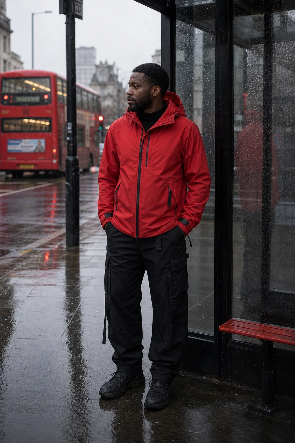London bus stop styling image showing the Clothixpack CXP-J104 Ghost Hardshell Jacket over a black mock neck with cargo pants.