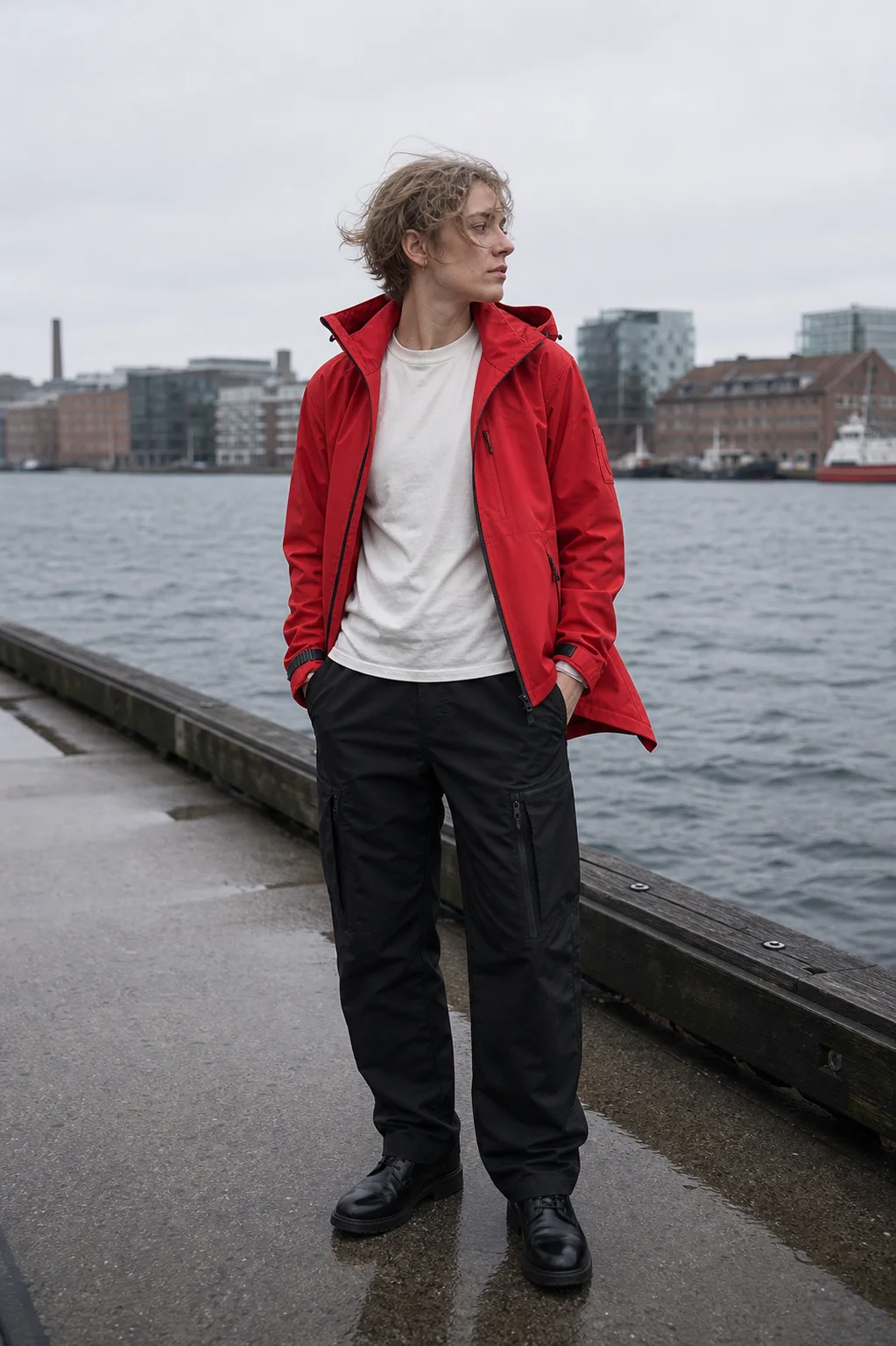 Copenhagen harbor styling image showing the Clothixpack CXP-J104 Ghost Hardshell Jacket open over a white tee.