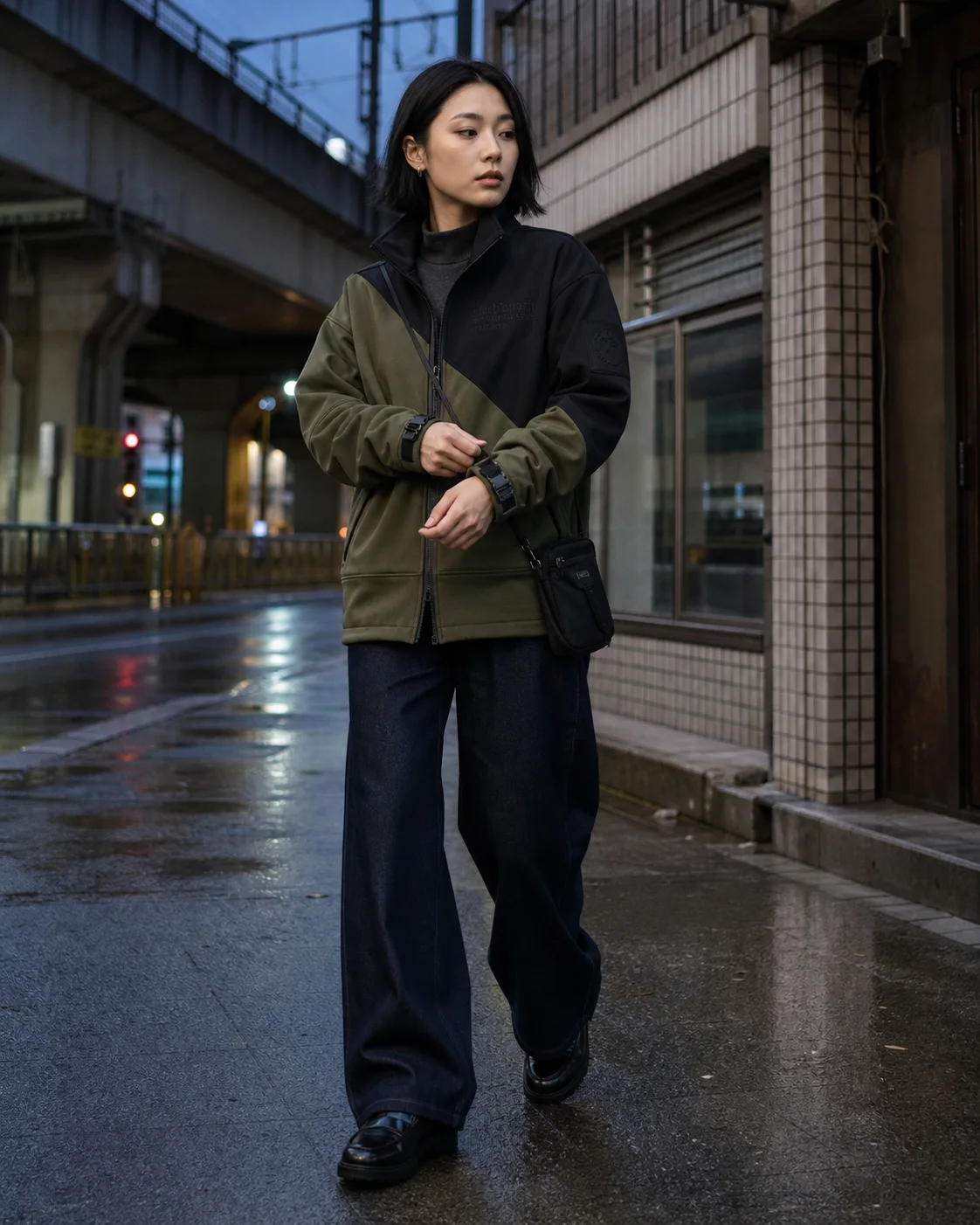 Seoul street styling image showing the Clothixpack CXP-J106 Spire Softshell Jacket with wide dark denim and black lug-sole loafers.