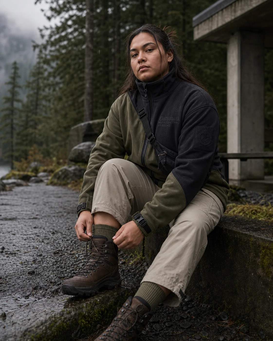 Vancouver trail styling image showing the Clothixpack CXP-J106 Spire Softshell Jacket with cropped sand hiking pants and brown waterproof boots.