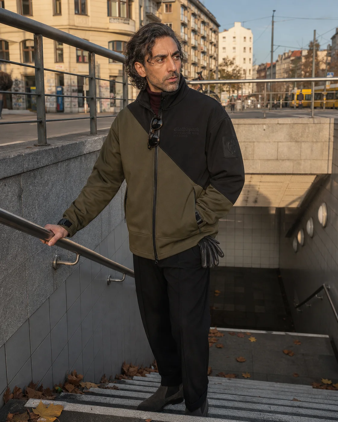 Berlin U-Bahn styling image showing the Clothixpack CXP-J106 Spire Softshell Jacket with black pleated trousers and dark Chelsea boots.