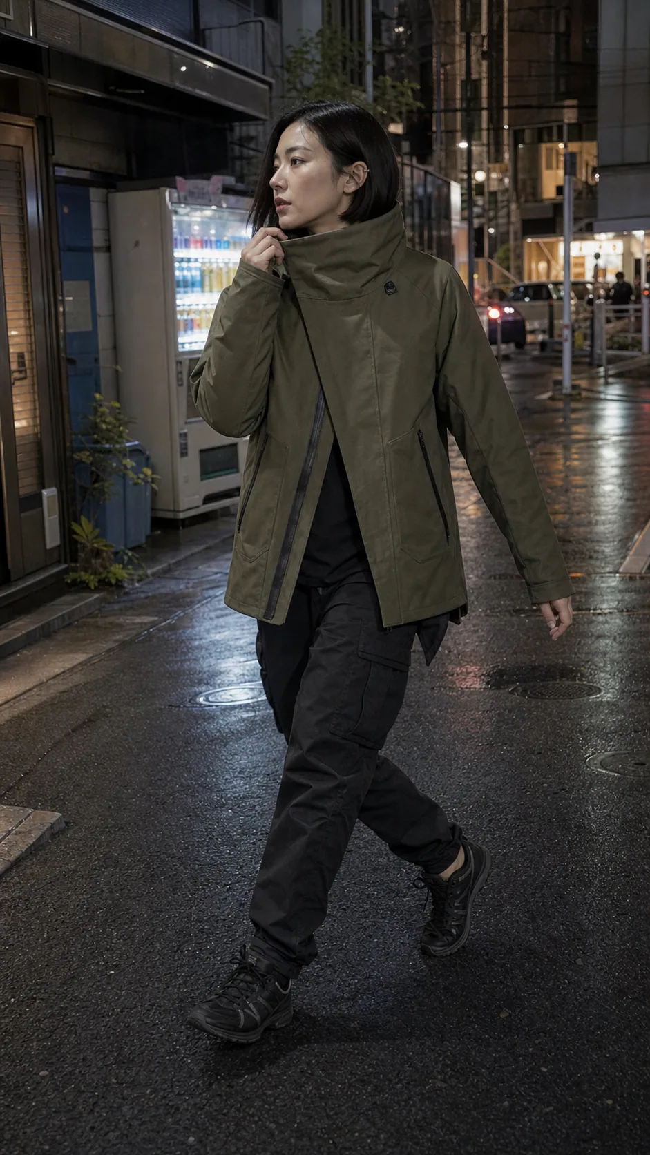 Tokyo UGC styling image showing the olive Clothixpack CXP-J111 Pilot Hardshell Jacket with tapered black cargos and trail sneakers.