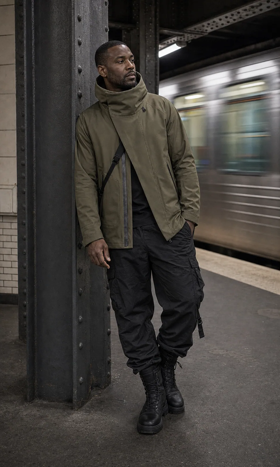Berlin subway styling image showing the olive Clothixpack CXP-J111 Pilot Hardshell Jacket with loose black nylon cargos and combat boots.