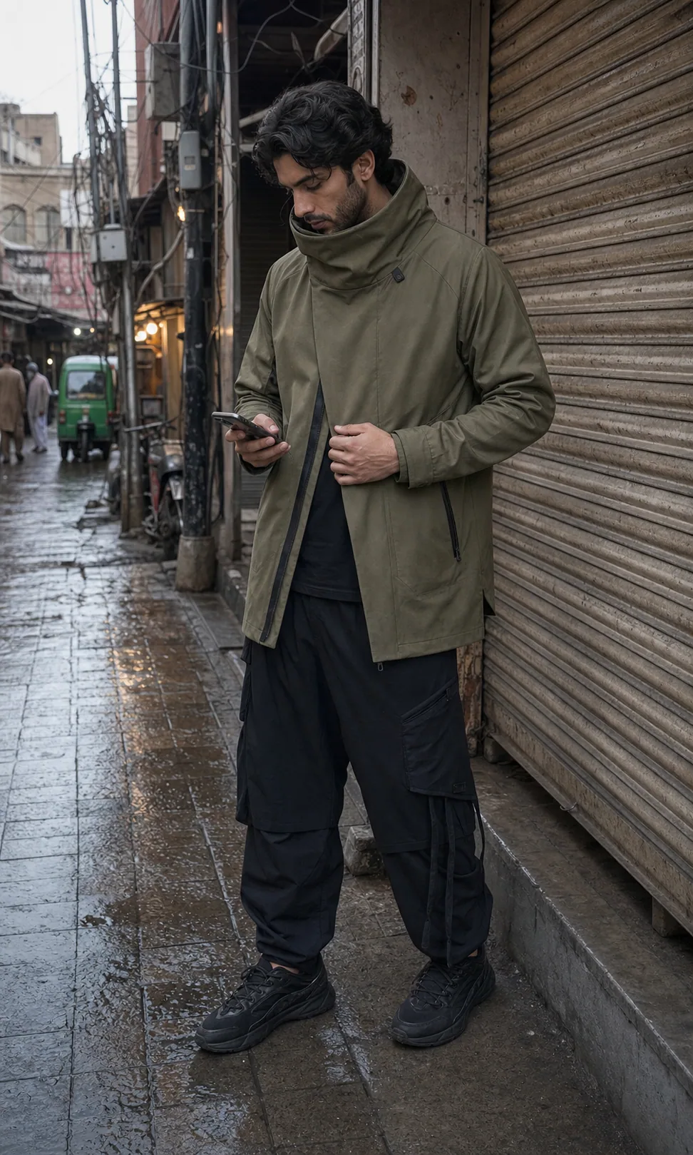 Lahore market styling image showing the olive Clothixpack CXP-J111 Pilot Hardshell Jacket with wide black tech trousers and rugged sneakers.