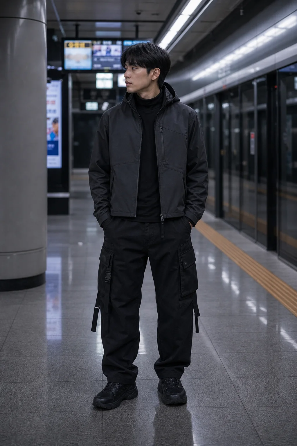 Seoul subway platform styling image showing the Clothixpack CXP-P101 Drift Cargo Pant with a cropped charcoal technical jacket.
