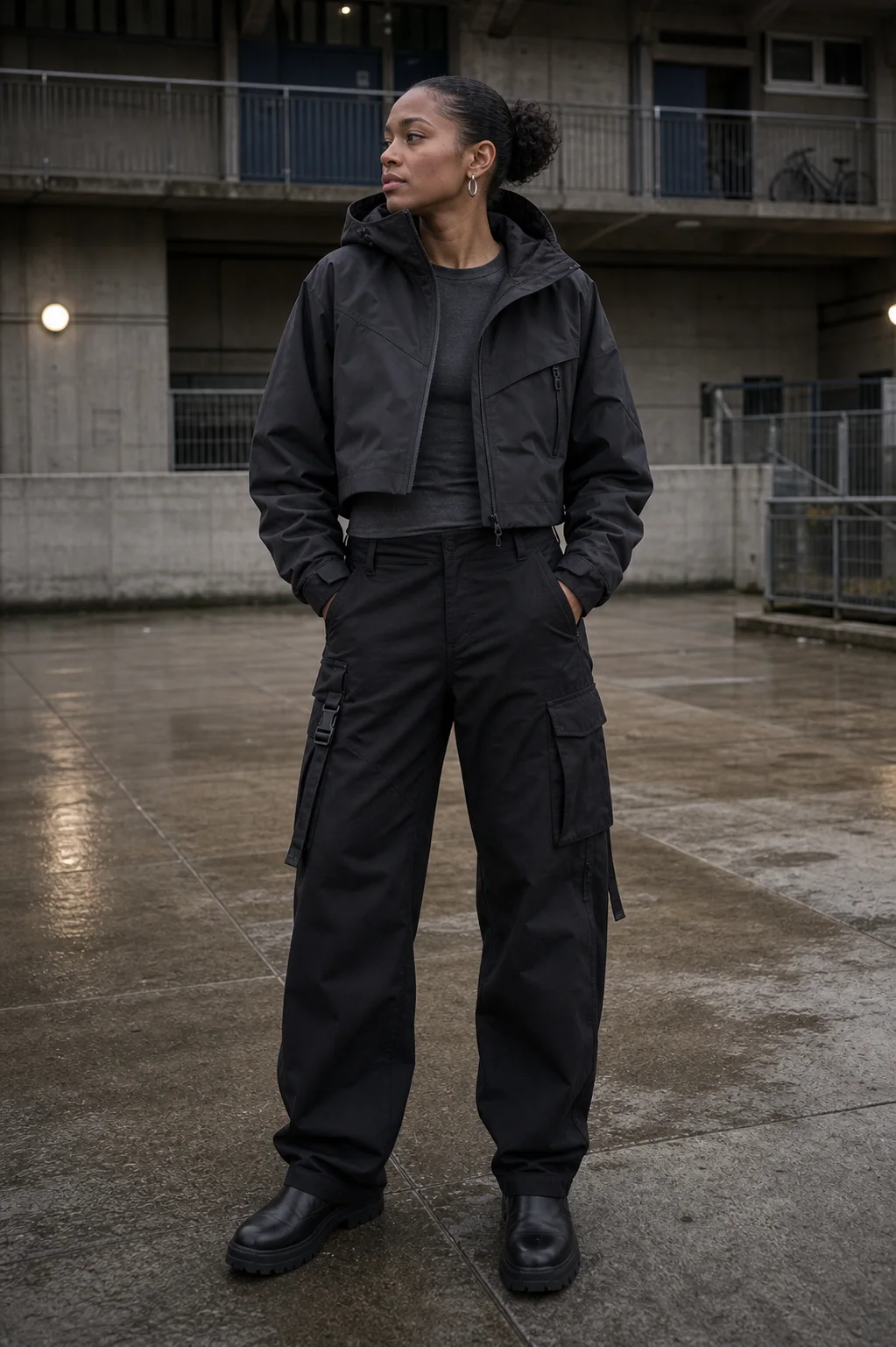 London concrete estate styling image showing the Clothixpack CXP-P101 Drift Cargo Pant with a cropped black waterproof shell.