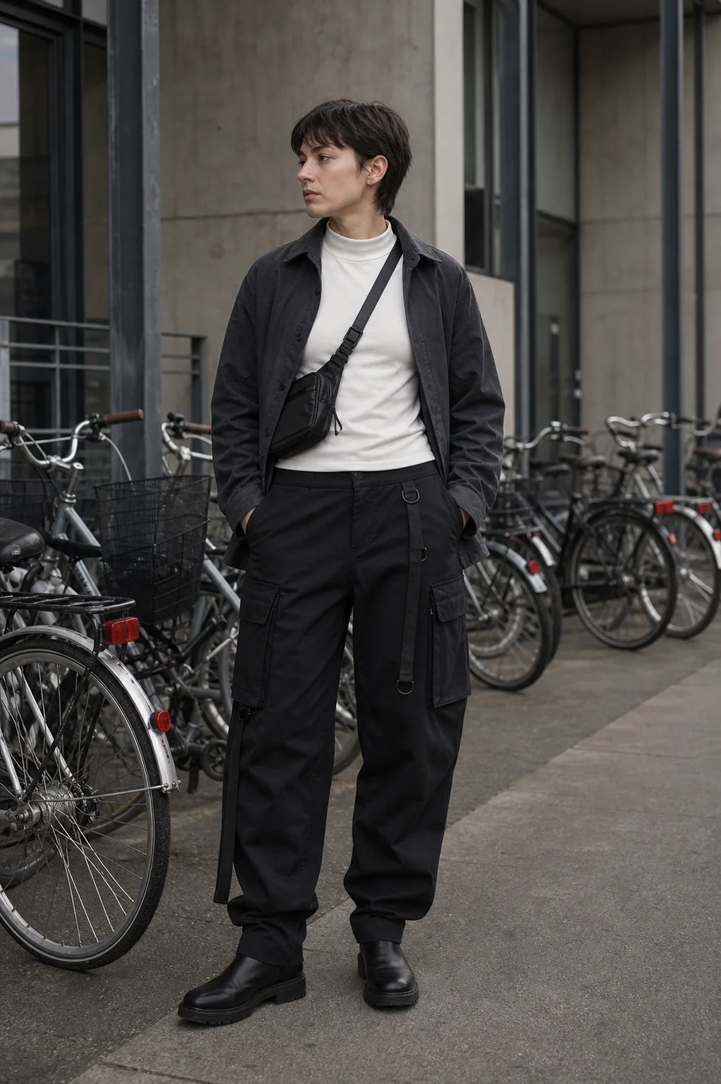 Copenhagen bike lane styling image showing the Clothixpack CXP-P101 Drift Cargo Pant with a white mock neck and charcoal overshirt.