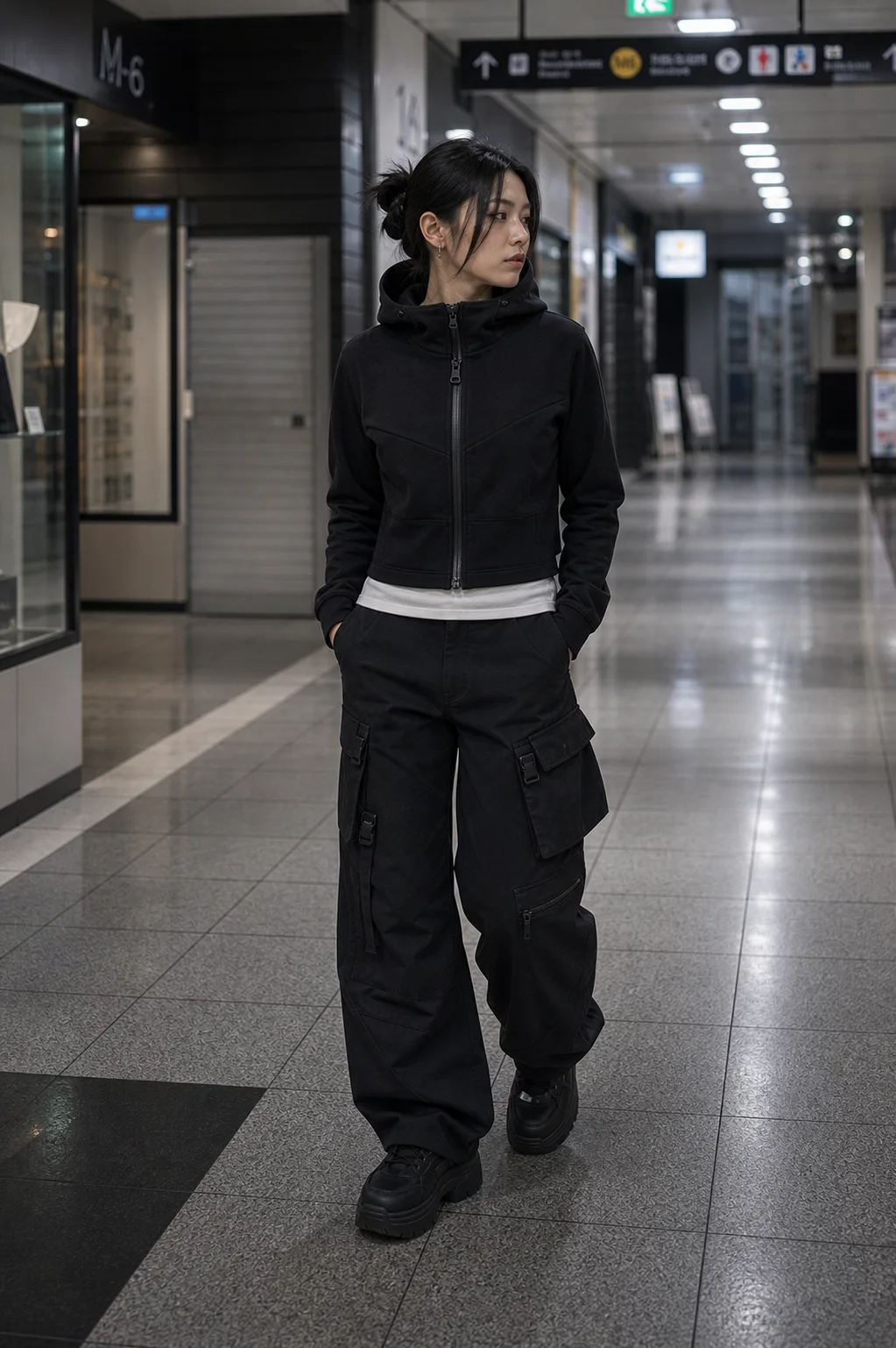 Tokyo underground mall styling image showing the Clothixpack CXP-P102 Relay Cargo Pant with a cropped black zip hoodie.