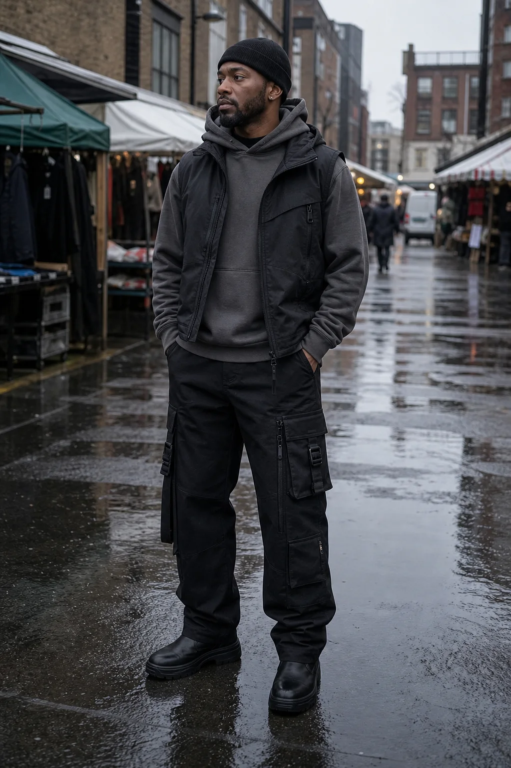London rainy market styling image showing the Clothixpack CXP-P102 Relay Cargo Pant with a grey hoodie and cropped shell vest.