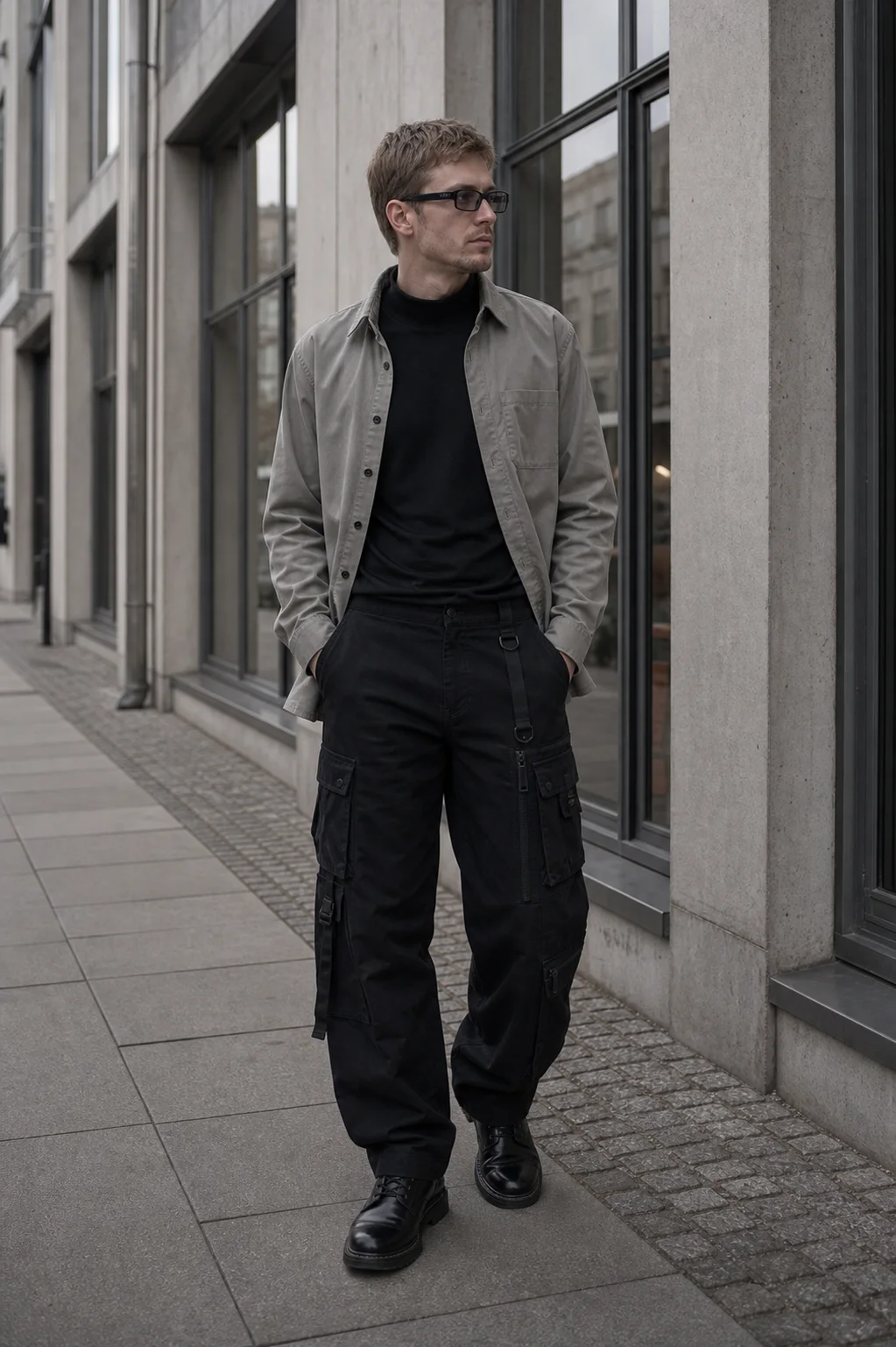 Copenhagen design district styling image showing the Clothixpack CXP-P102 Relay Cargo Pant with a black mock neck and stone overshirt.