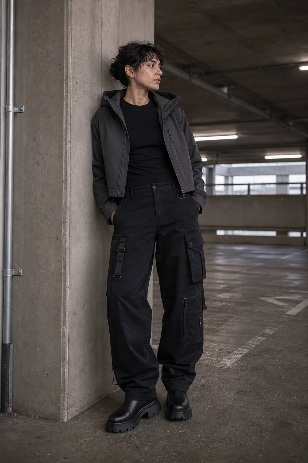 Berlin parking garage styling image showing the Clothixpack CXP-P102 Relay Cargo Pant with a cropped charcoal shell jacket and lug boots.