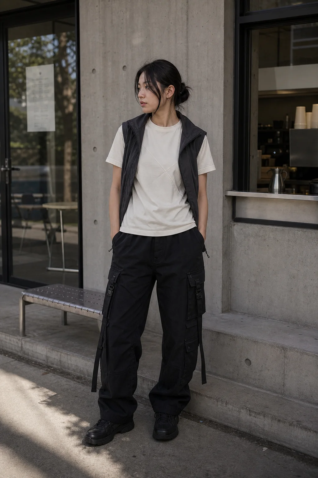 Seoul cafe styling image showing the Clothixpack CXP-S101 Node Technical Tee with an open charcoal utility vest and black cargo pants.