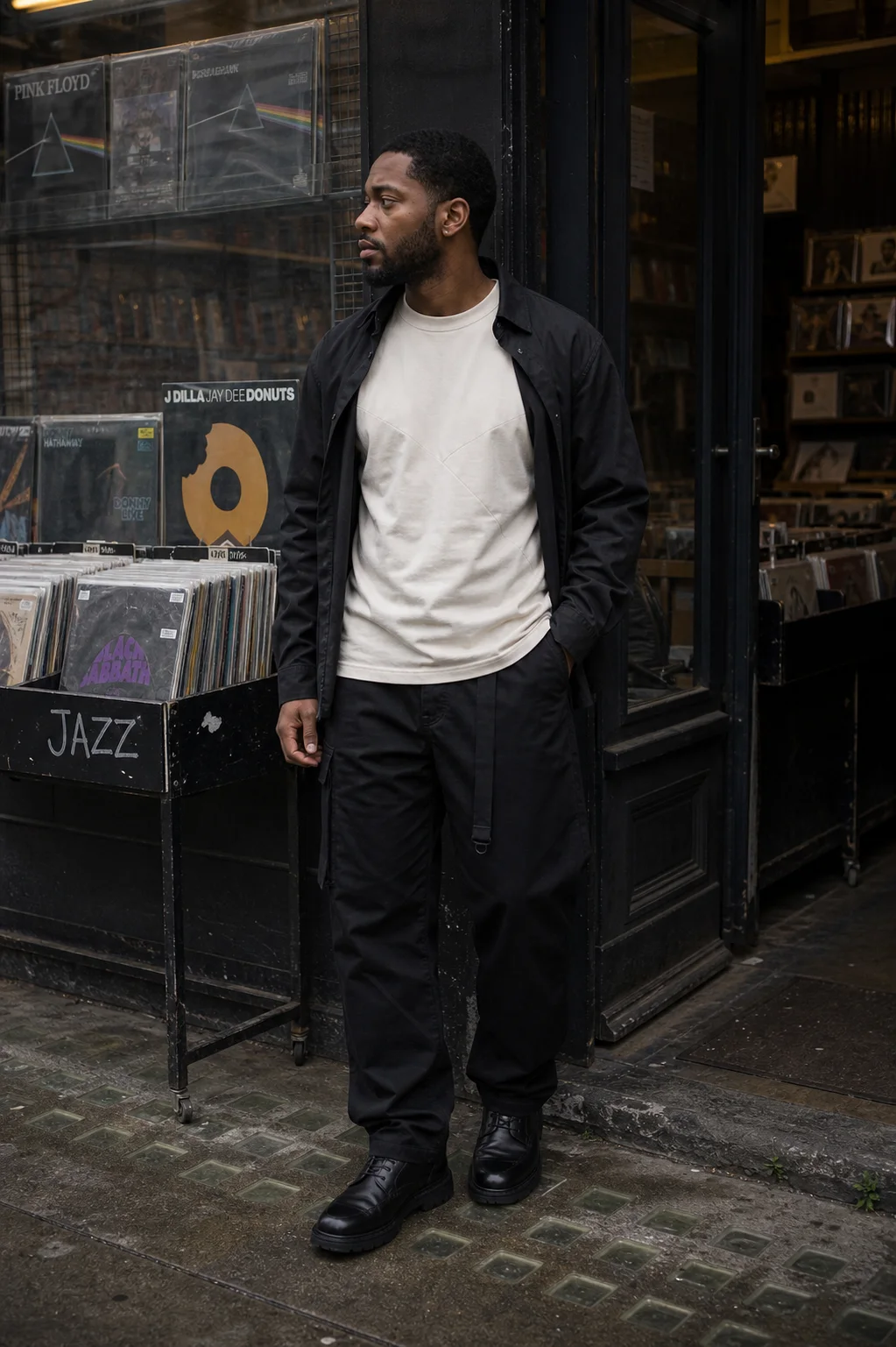 London record shop styling image showing the Clothixpack CXP-S101 Node Technical Tee under an open black overshirt.