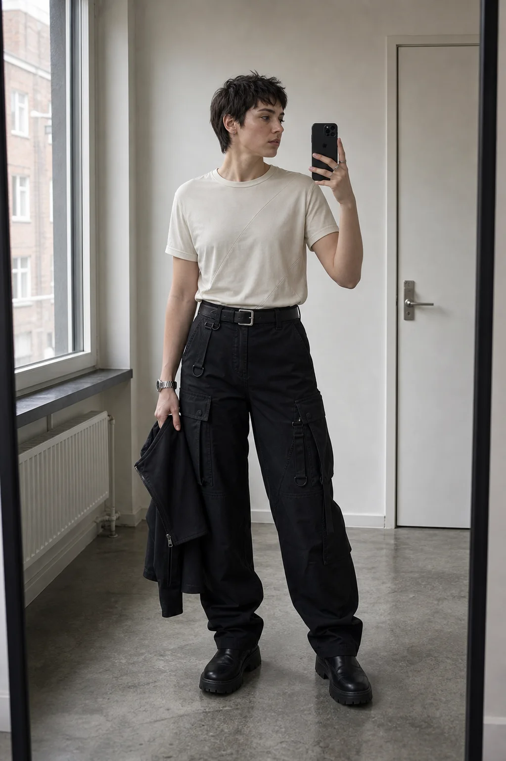 Copenhagen mirror styling image showing the Clothixpack CXP-S101 Node Technical Tee tucked into black high-waist cargo trousers.
